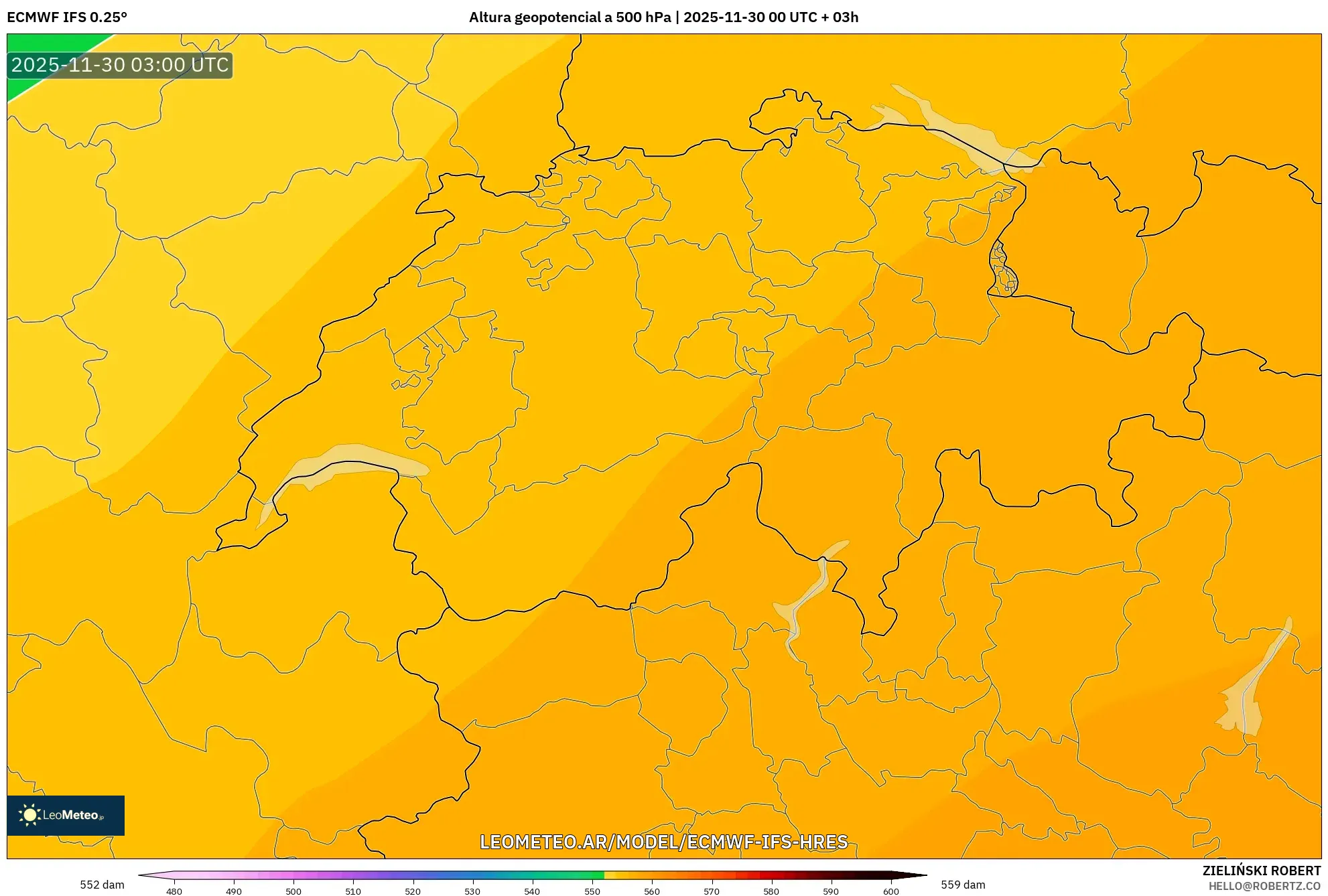 ECMWF IFS 0.25° model - Suiza, Altura geopotencial a 500 hPa