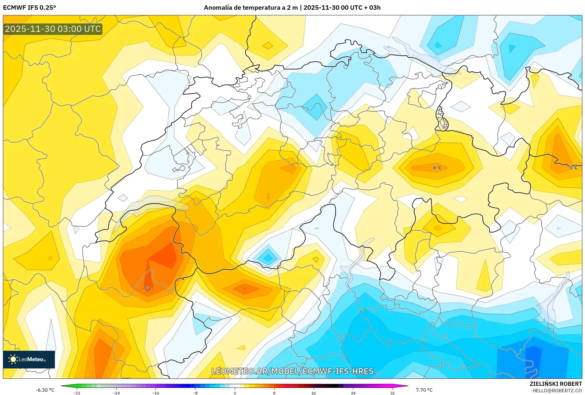 ECMWF IFS 0.25° model - Suiza, Anomalía de temperatura a 2 m