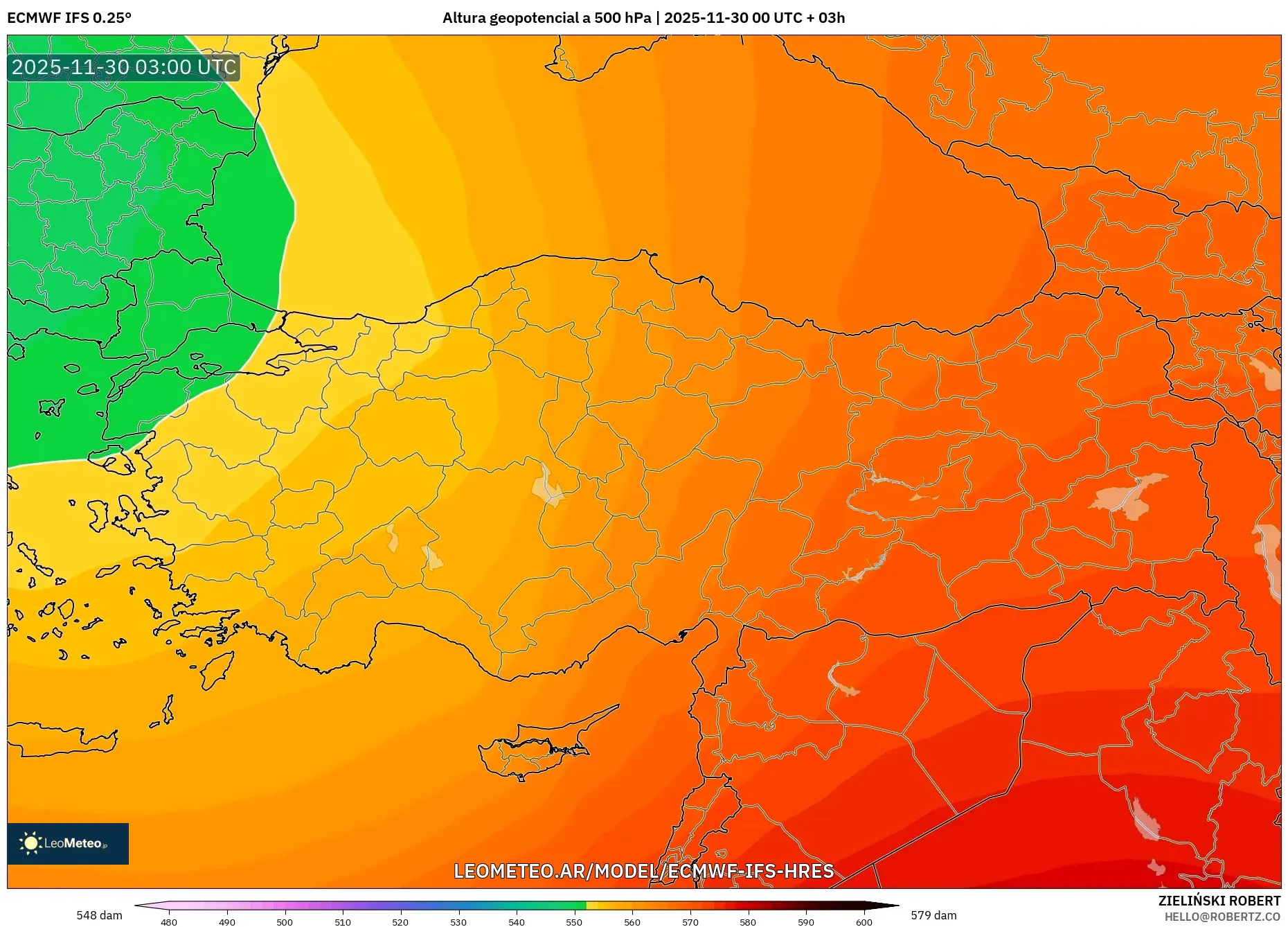 ECMWF IFS 0.25° model - Turquía, Altura geopotencial a 500 hPa