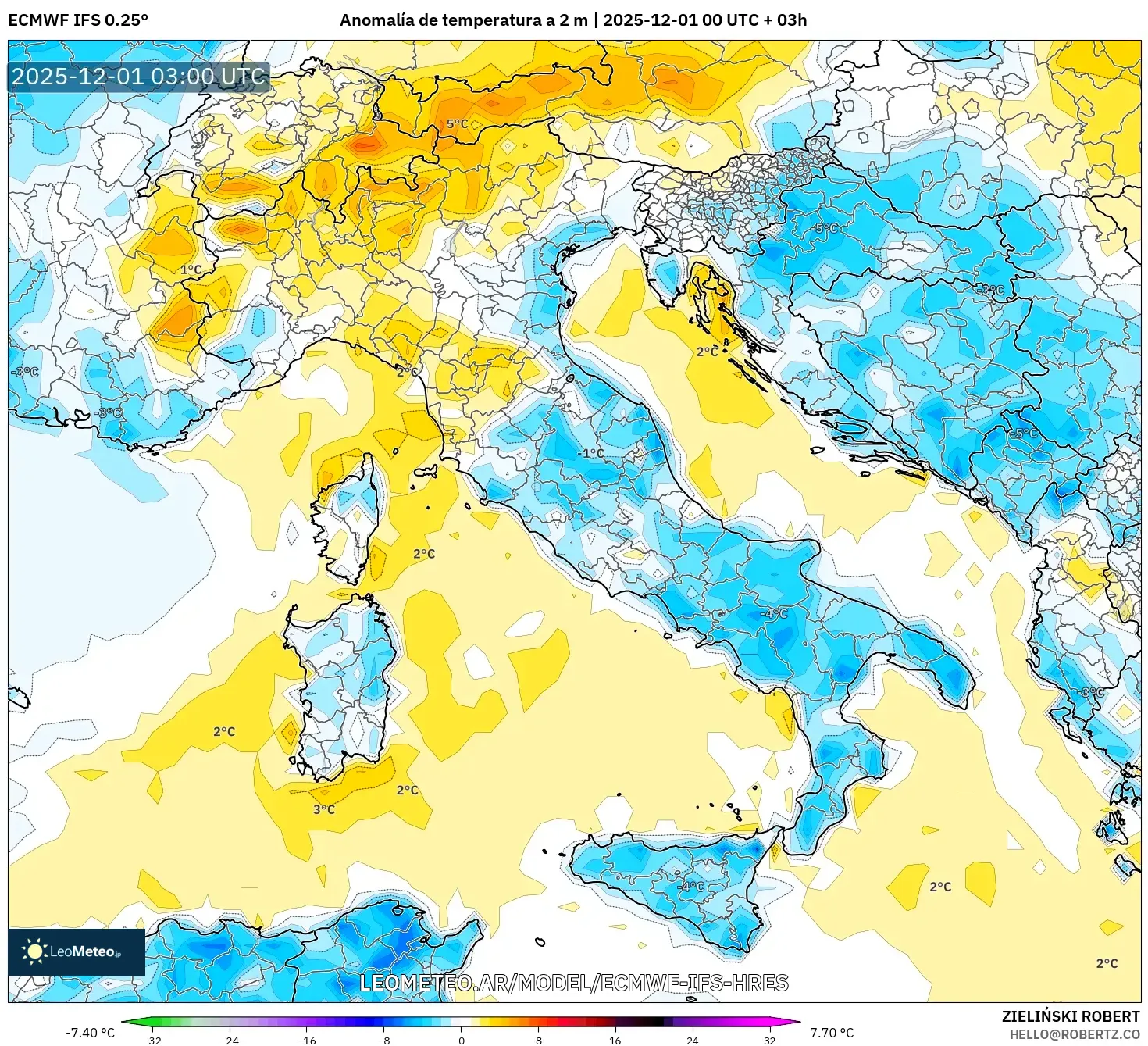 ECMWF IFS 0.25° model - Italia, Anomalía de temperatura a 2 m