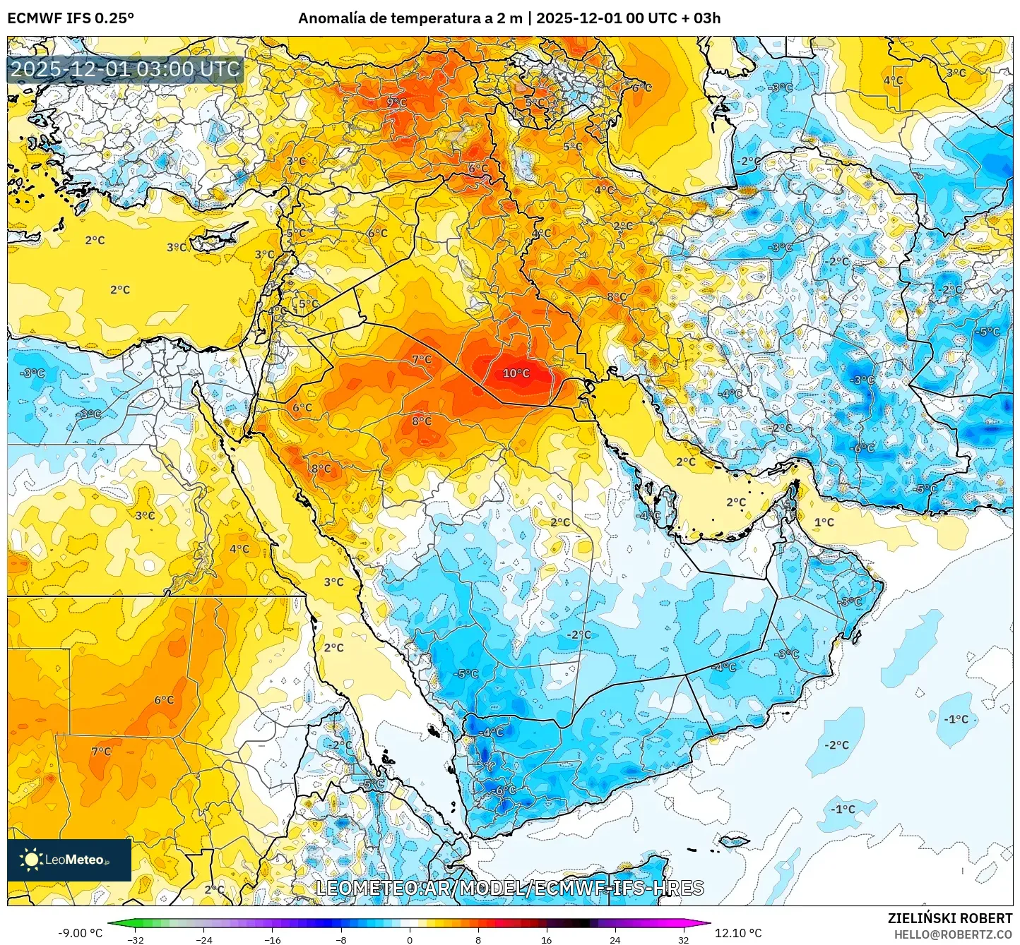 ECMWF IFS 0.25° model - Oriente Medio, Anomalía de temperatura a 2 m
