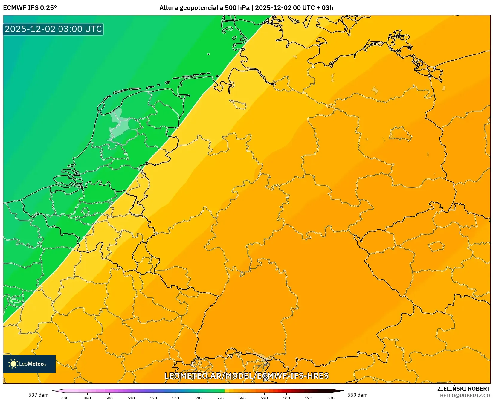 ECMWF IFS 0.25° model - Alemania, Altura geopotencial a 500 hPa
