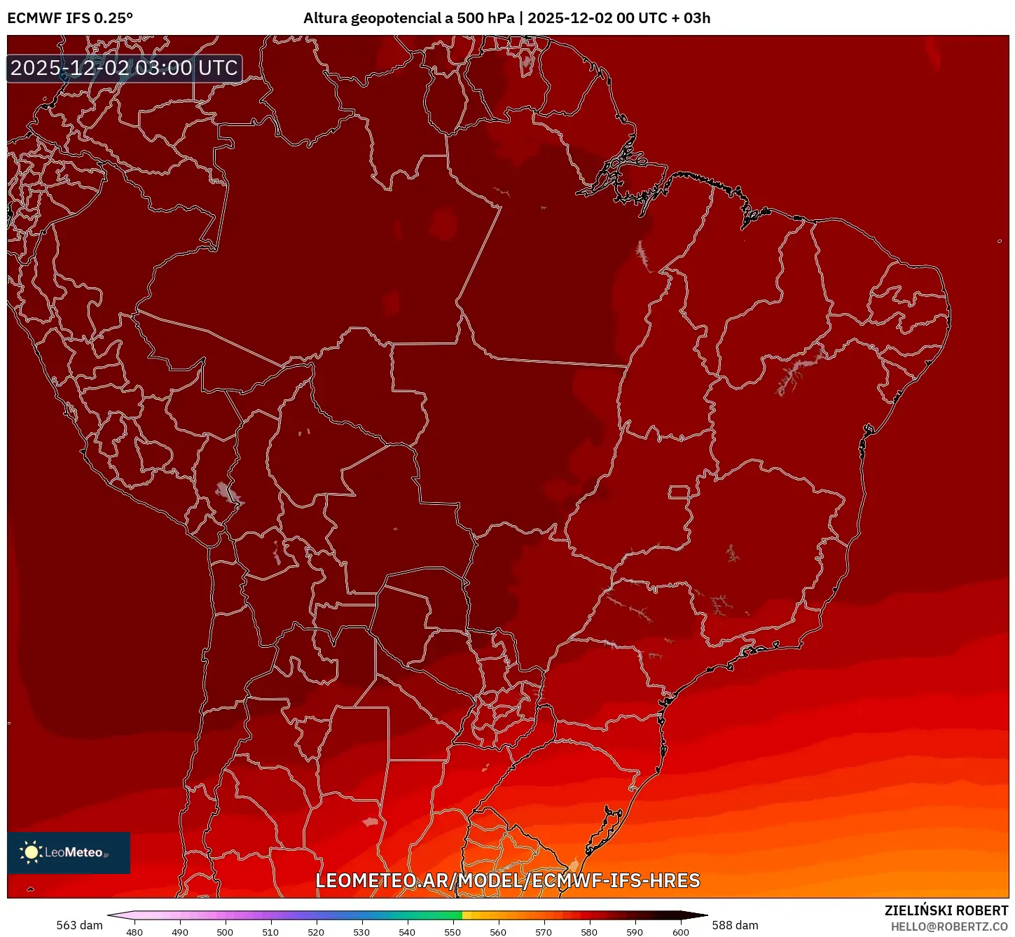 ECMWF IFS 0.25° model - Brasil, Altura geopotencial a 500 hPa