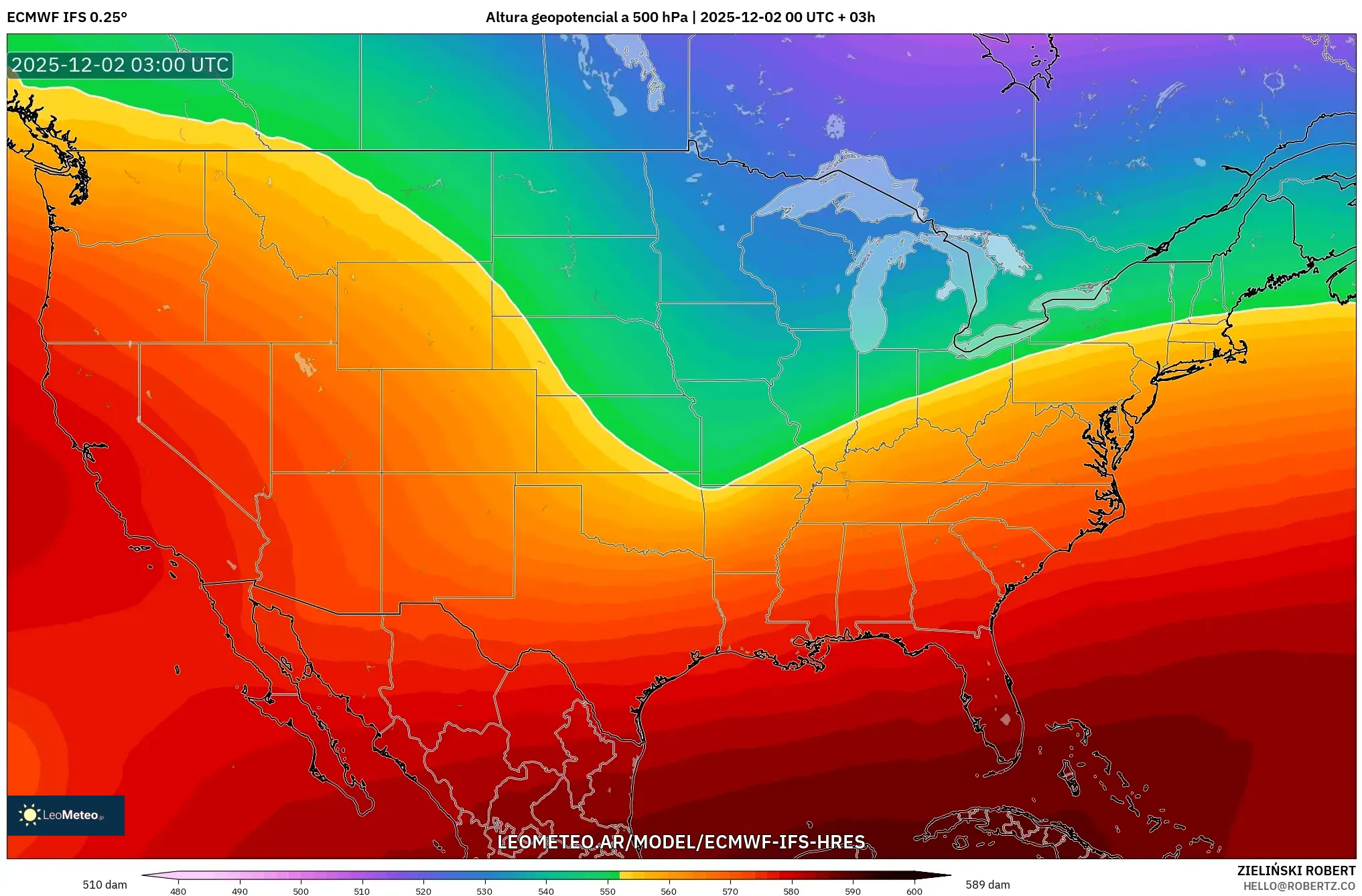 ECMWF IFS 0.25° model - Estados Unidos, Altura geopotencial a 500 hPa