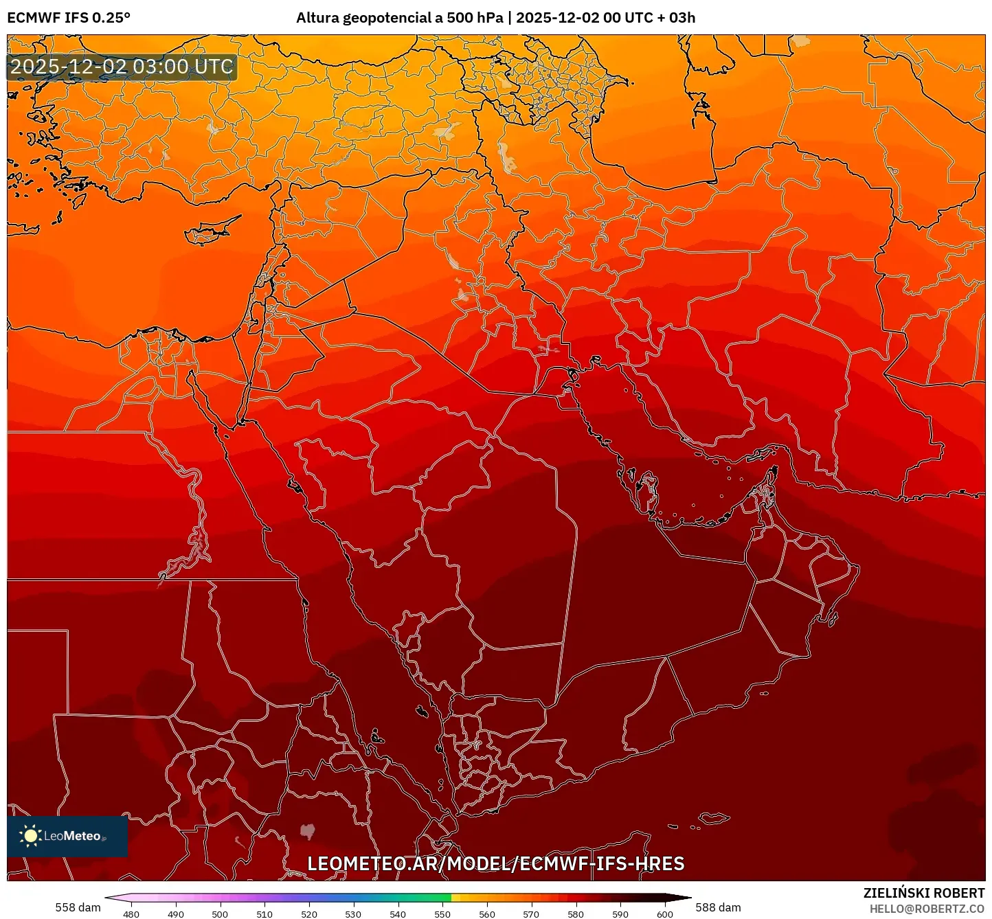 ECMWF IFS 0.25° model - Oriente Medio, Altura geopotencial a 500 hPa