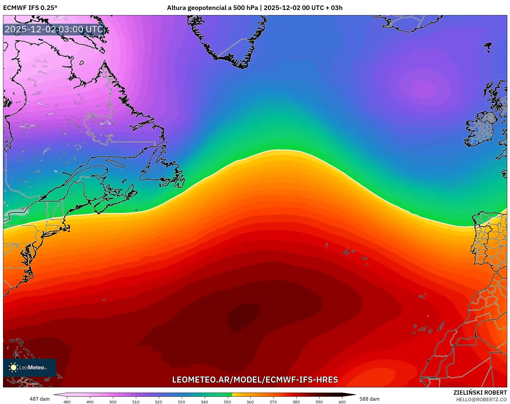 ECMWF IFS 0.25° model - Norte Atlántico, Altura geopotencial a 500 hPa