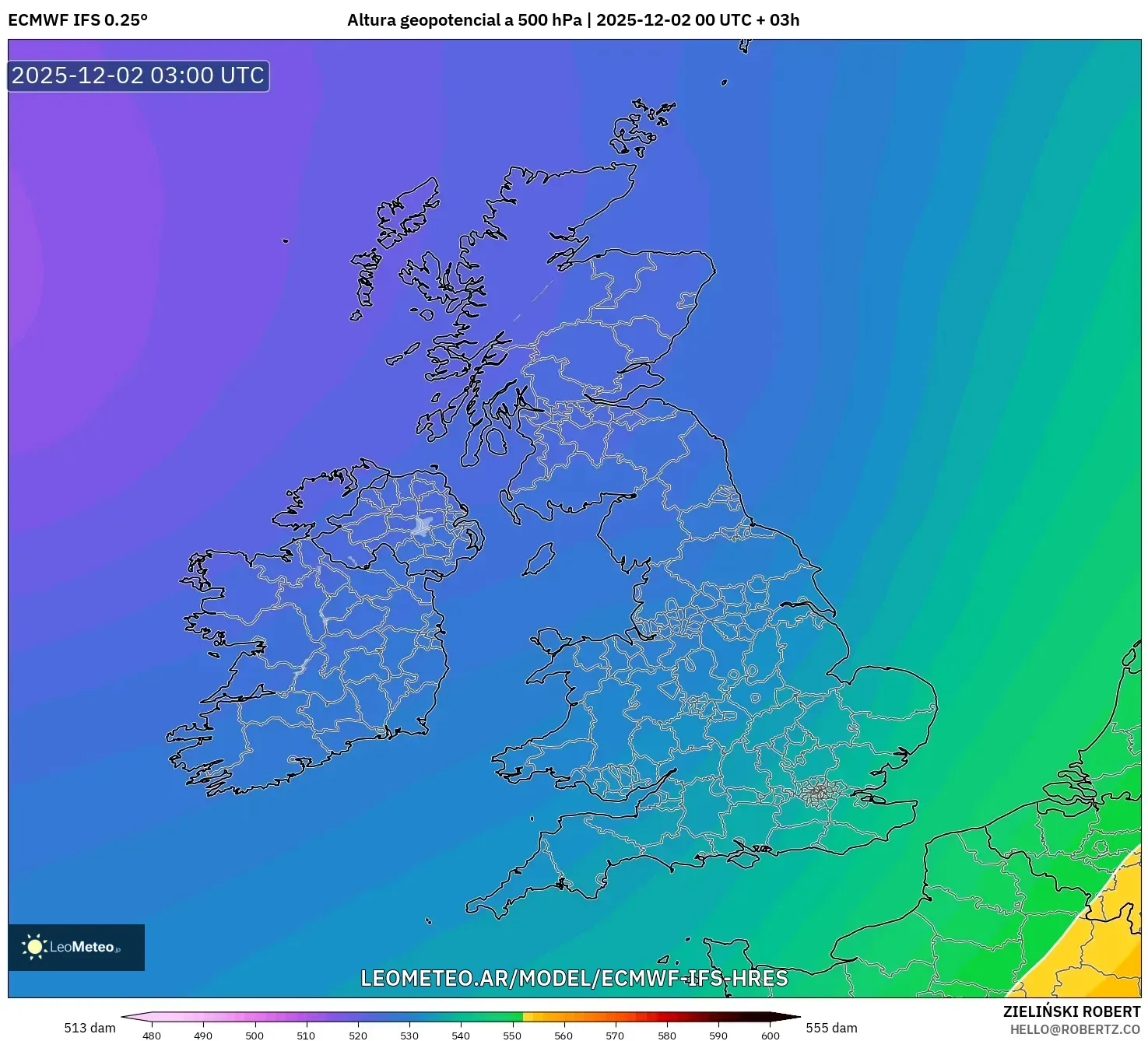 ECMWF IFS 0.25° model - Reino Unido, Altura geopotencial a 500 hPa