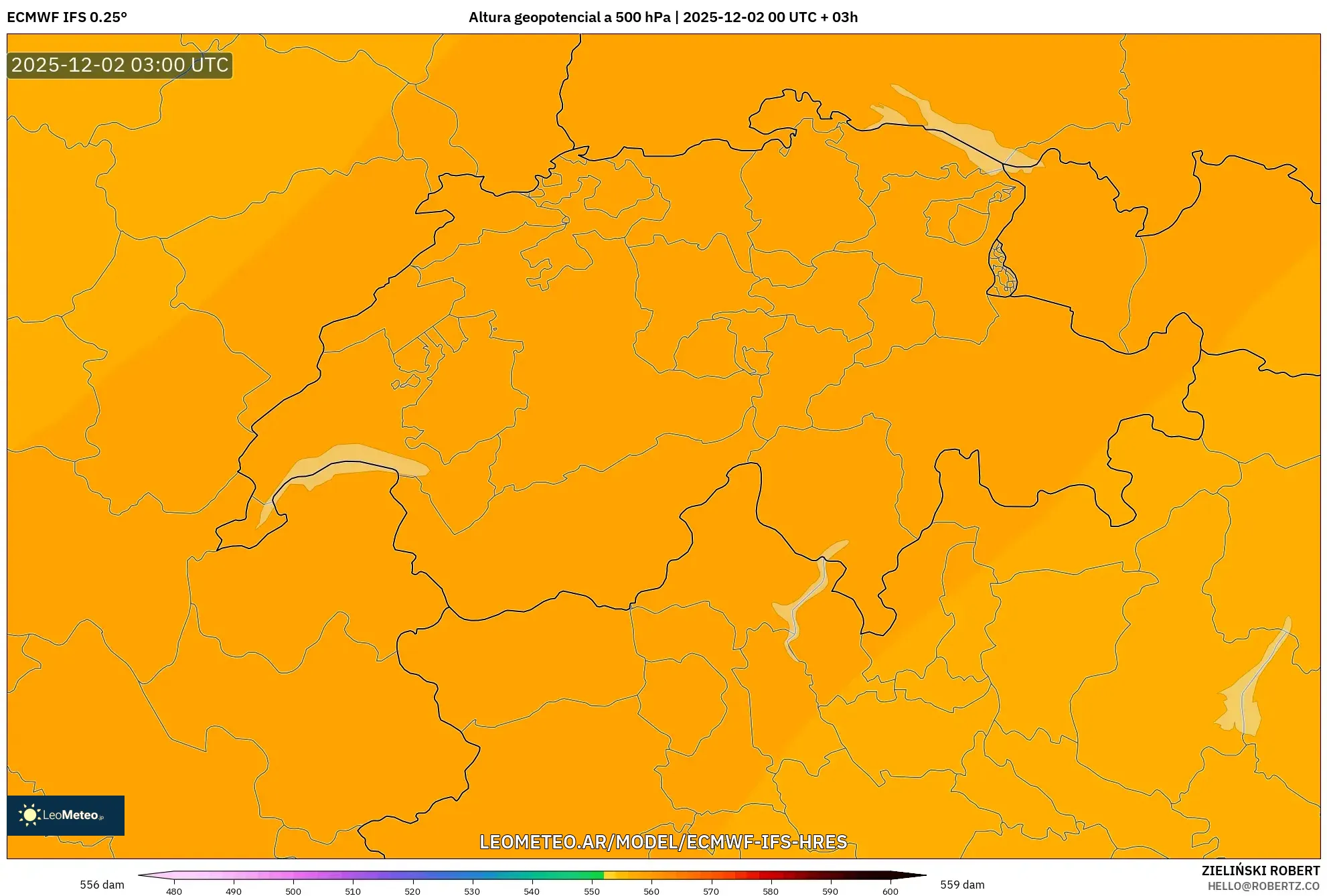 ECMWF IFS 0.25° model - Suiza, Altura geopotencial a 500 hPa