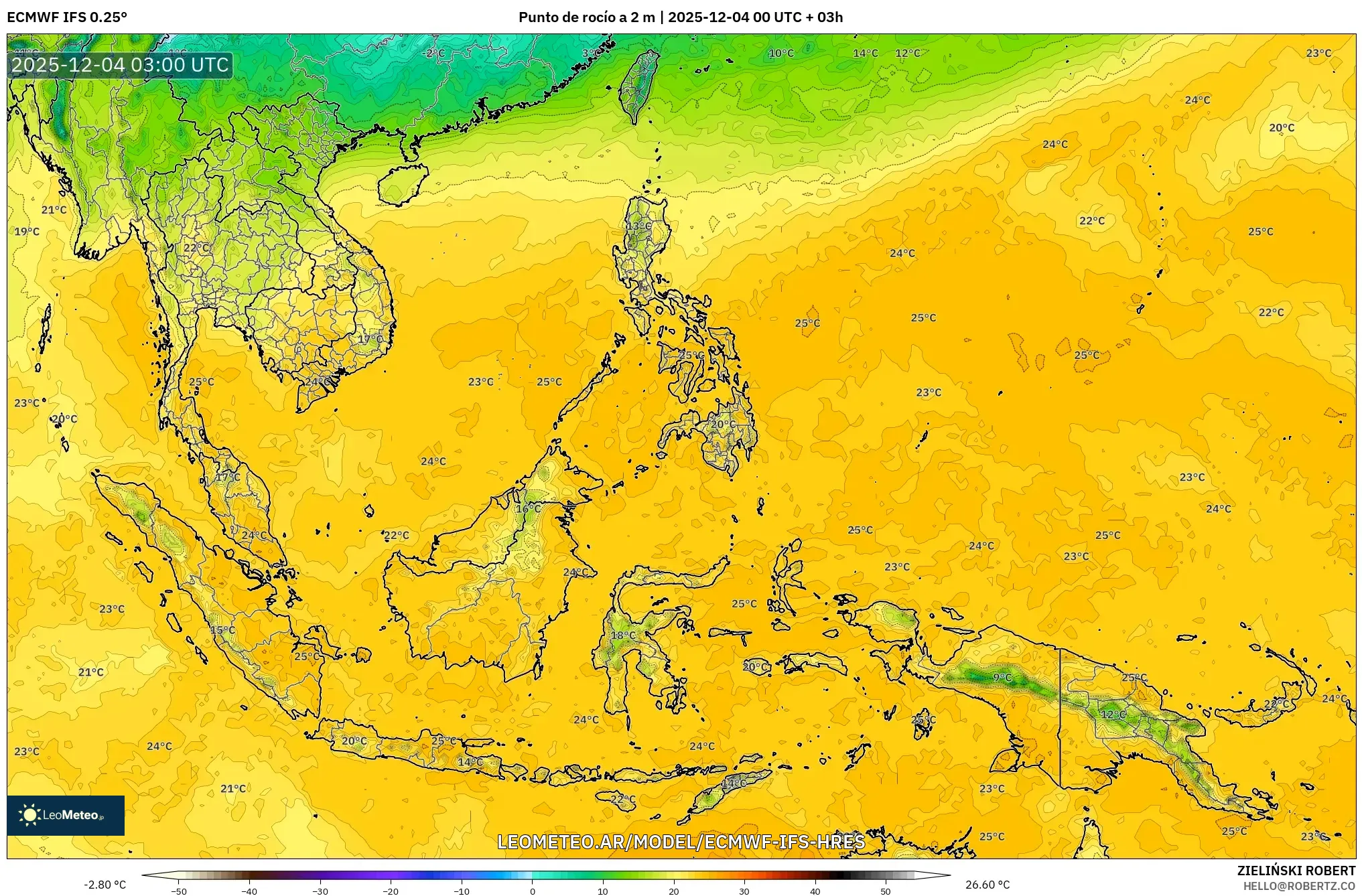 ECMWF IFS 0.25° model - Sudeste Asiático, Punto de rocío a 2 m