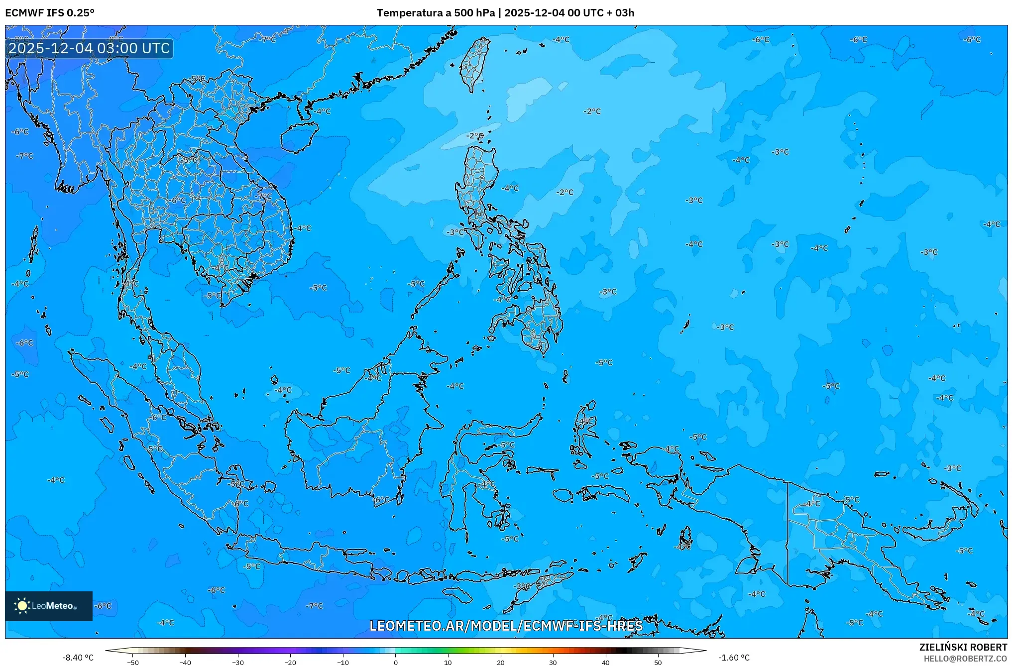 ECMWF IFS 0.25° model - Sudeste Asiático, Temperatura a 500 hPa