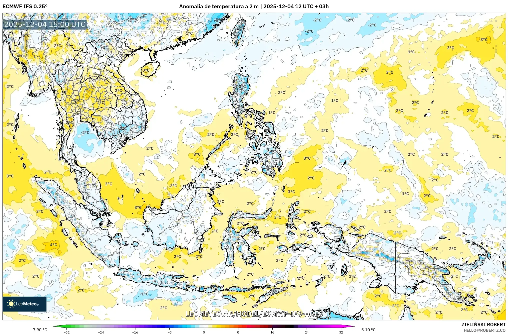 ECMWF IFS 0.25° model - Sudeste Asiático, Anomalía de temperatura a 2 m