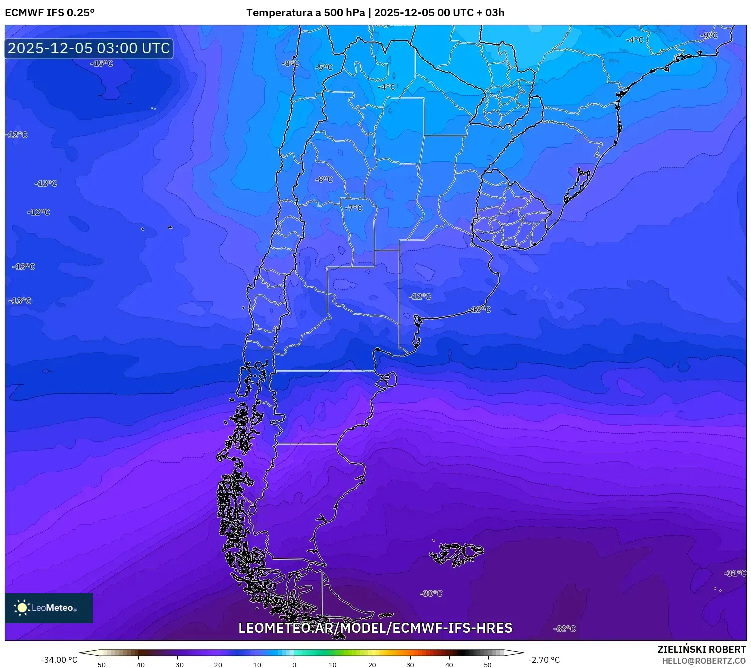 ECMWF IFS 0.25° model - Argentina, Temperatura a 500 hPa