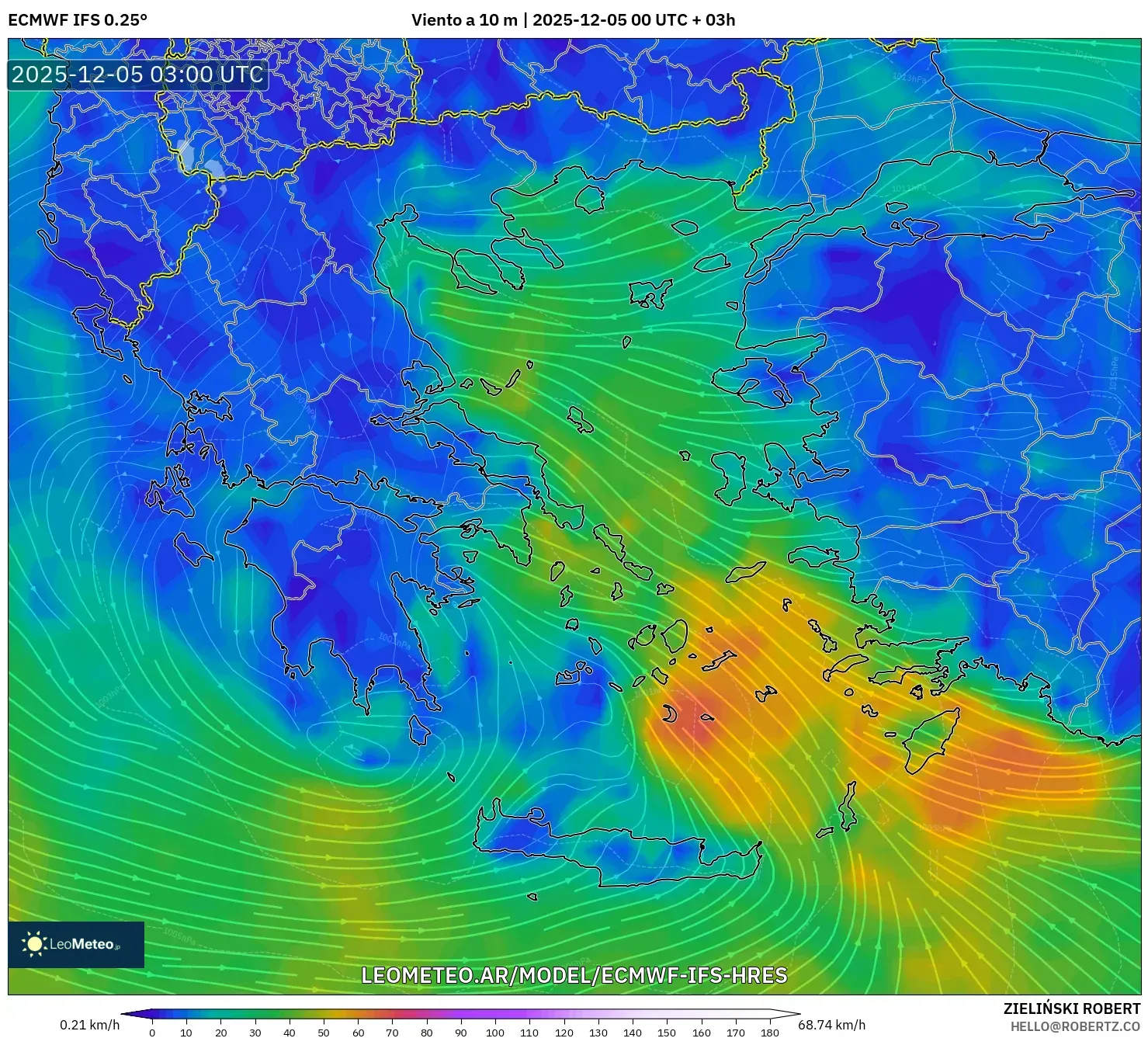 ECMWF IFS 0.25° model - Grecia, Viento a 10 m