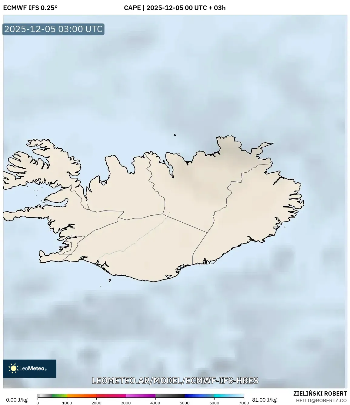 ECMWF IFS 0.25° model - Islandia, CAPE