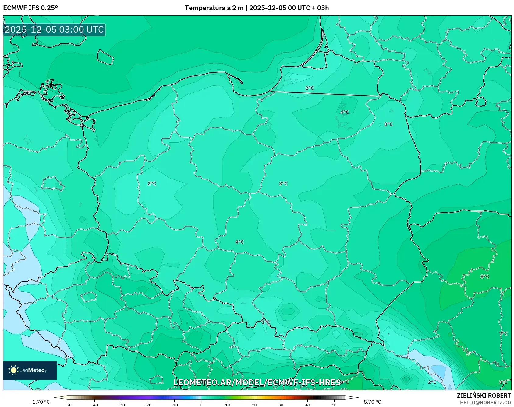 ECMWF IFS 0.25° model - Polonia, Temperatura a 2 m