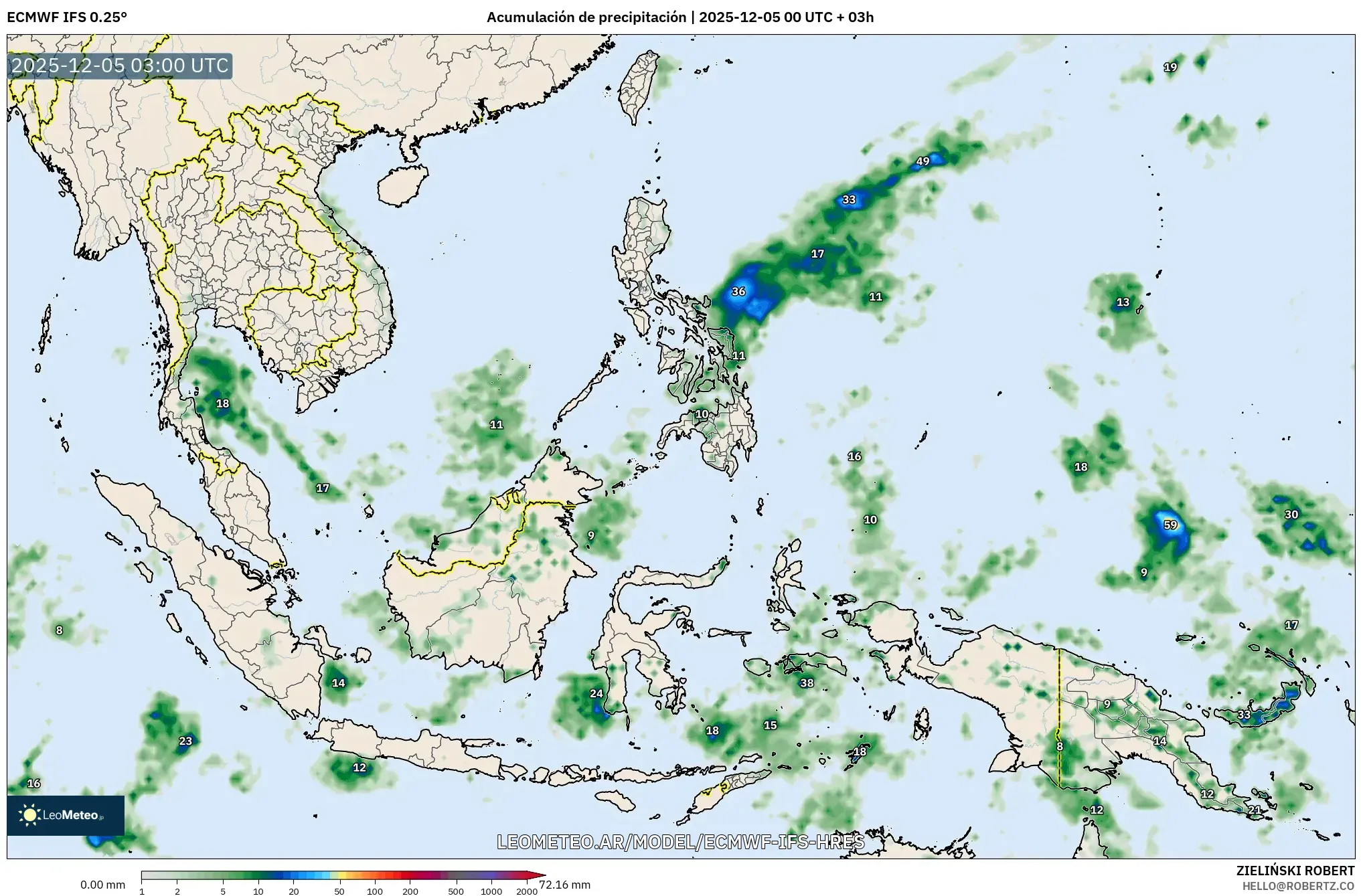 ECMWF IFS 0.25° model - Sudeste Asiático, Acumulación de precipitación