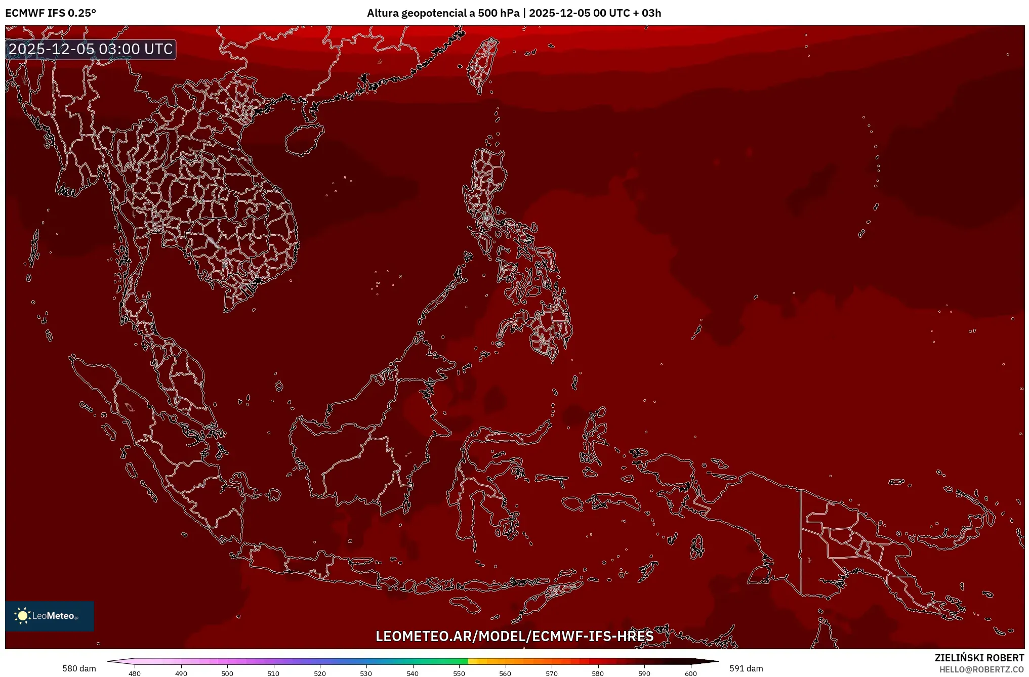ECMWF IFS 0.25° model - Sudeste Asiático, Altura geopotencial a 500 hPa