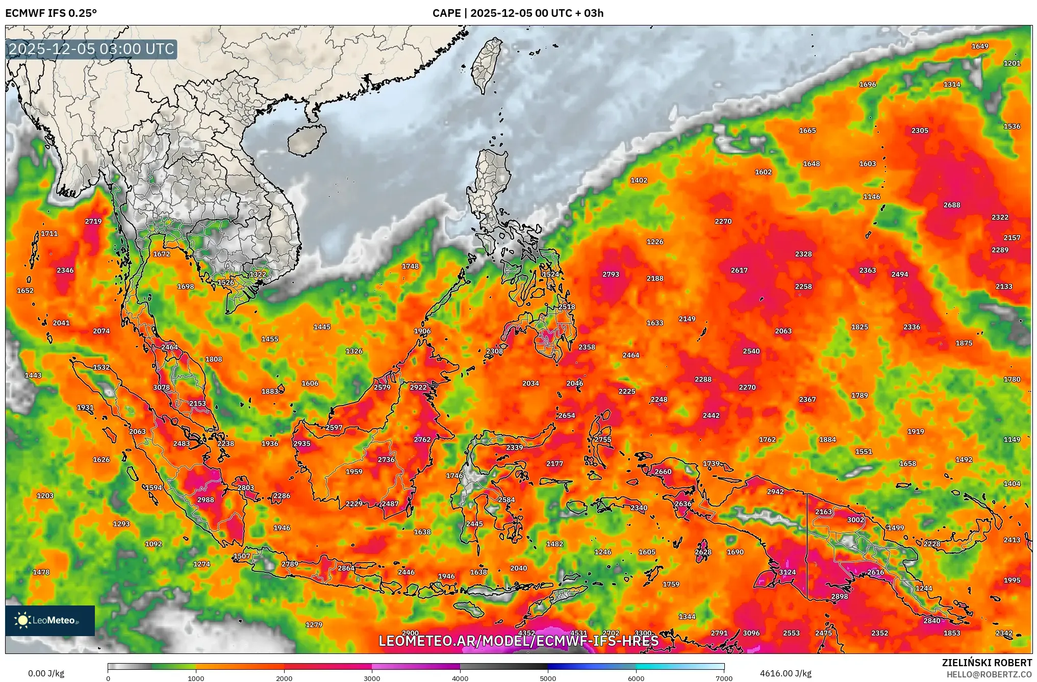ECMWF IFS 0.25° model - Sudeste Asiático, CAPE