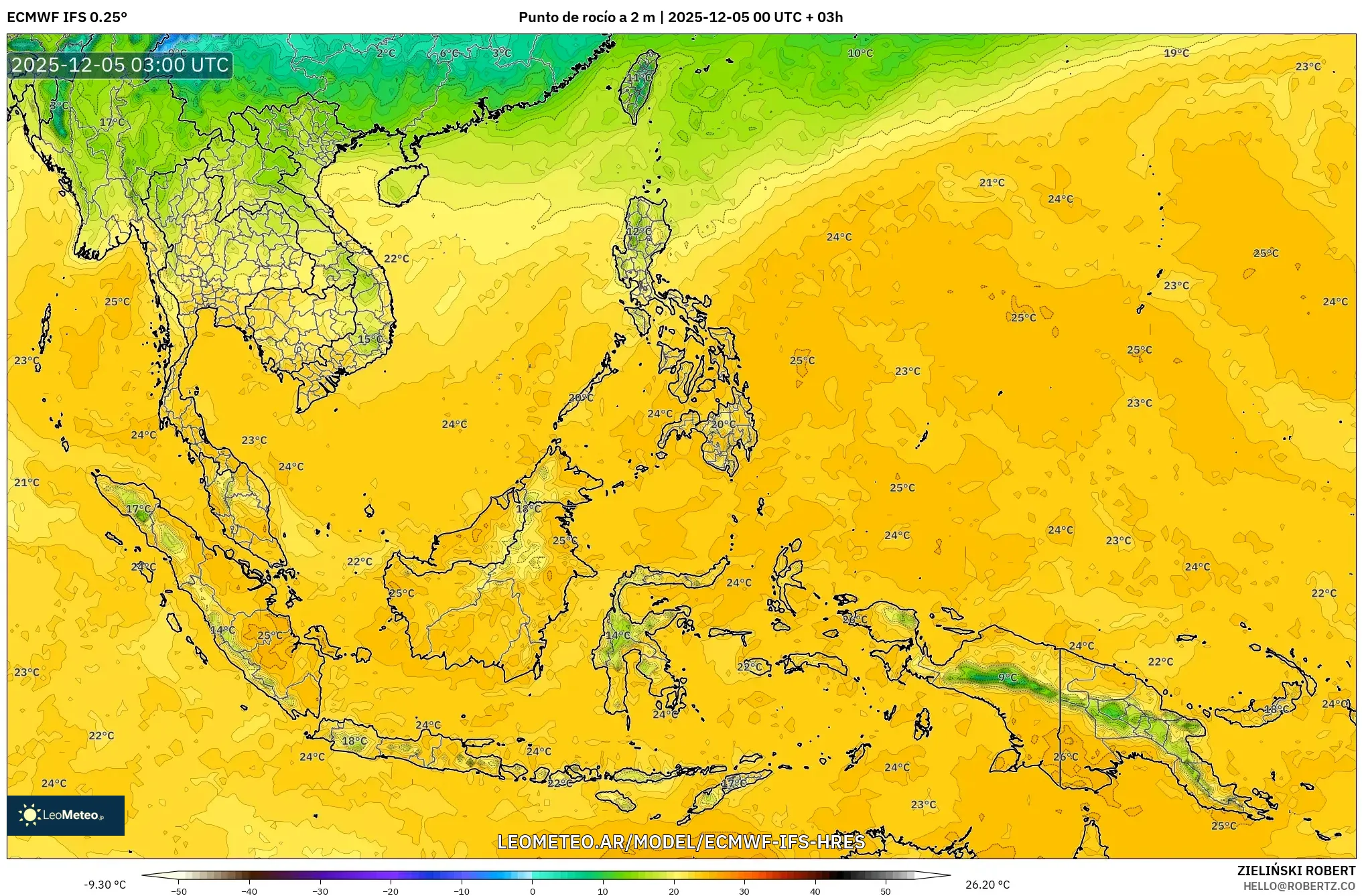 ECMWF IFS 0.25° model - Sudeste Asiático, Punto de rocío a 2 m