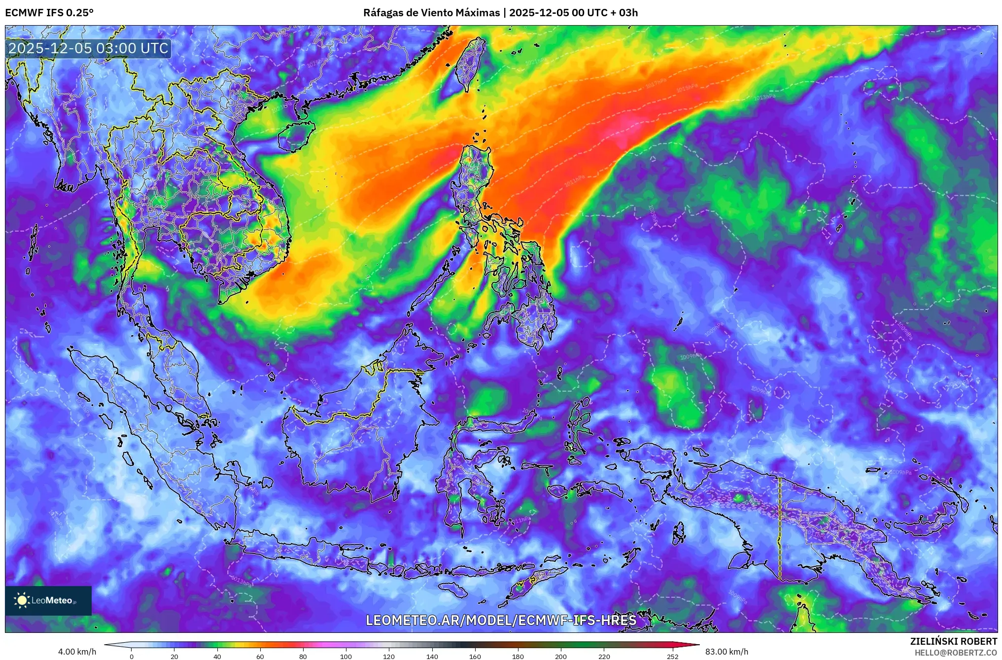ECMWF IFS 0.25° model - Sudeste Asiático, Ráfagas de Viento Máximas