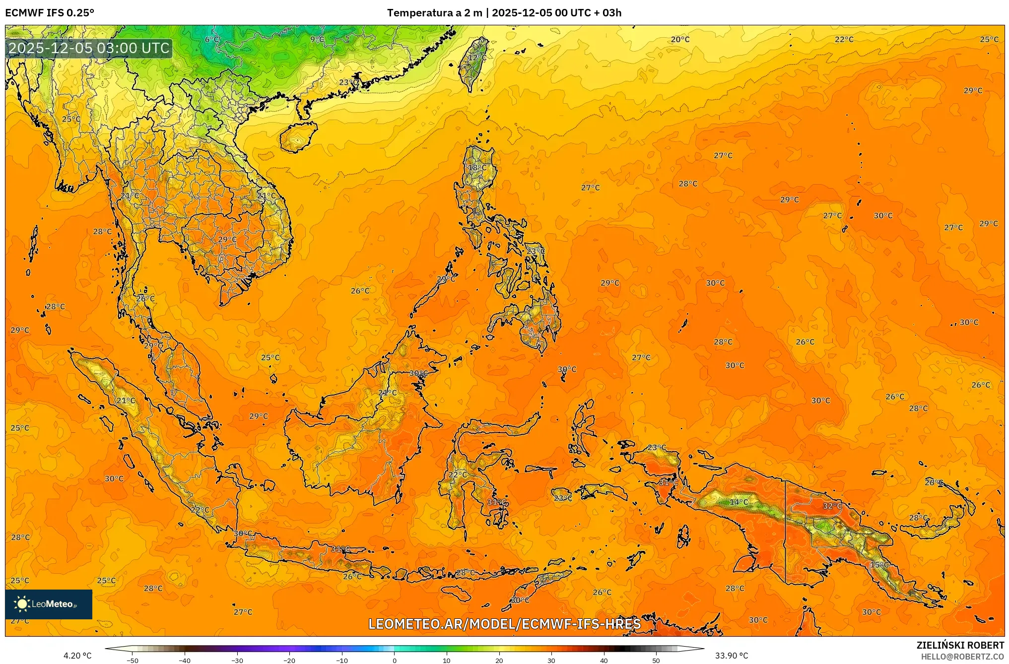 ECMWF IFS 0.25° model - Sudeste Asiático, Temperatura a 2 m