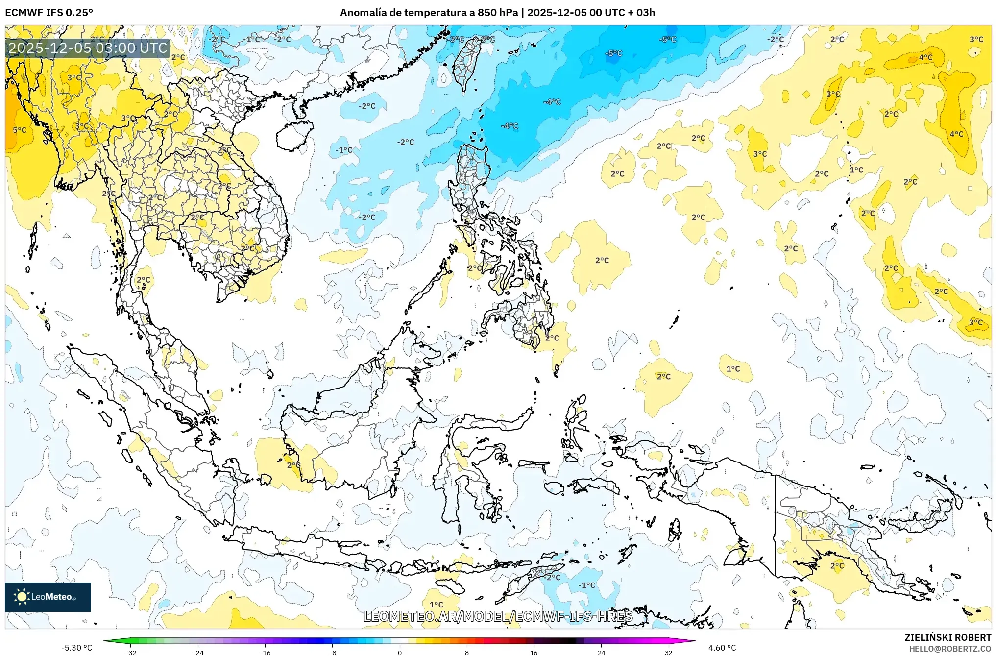 ECMWF IFS 0.25° model - Sudeste Asiático, Anomalía de temperatura a 850 hPa