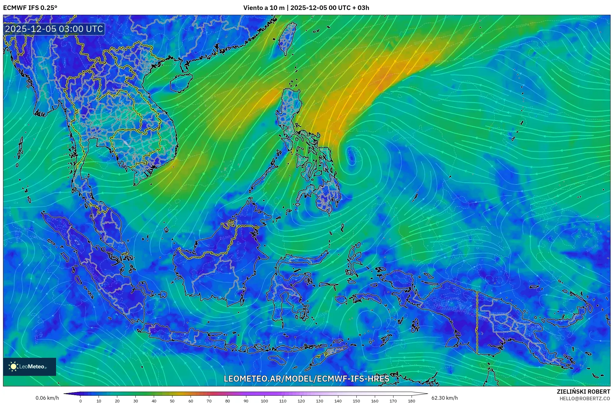 ECMWF IFS 0.25° model - Sudeste Asiático, Viento a 10 m