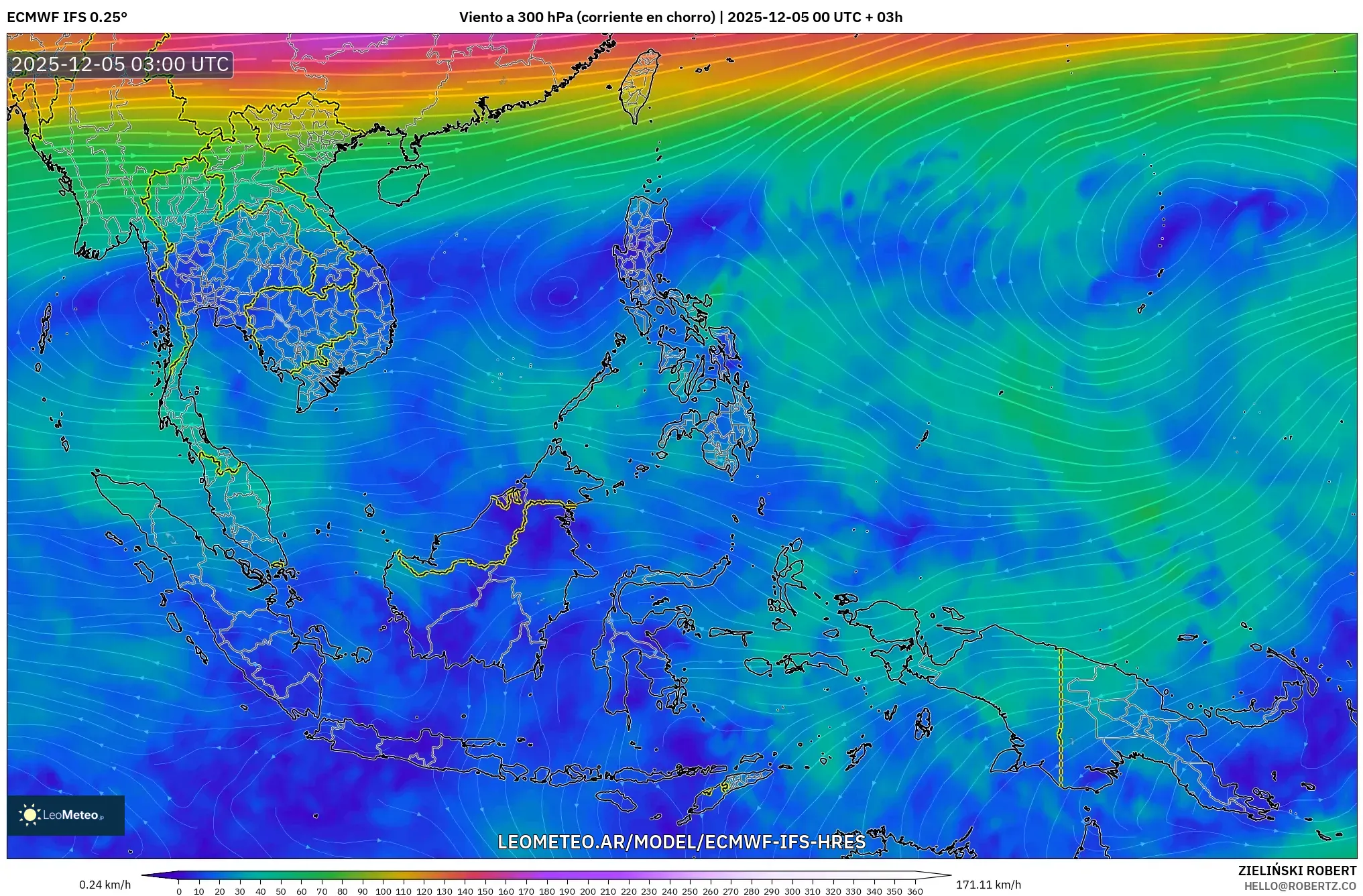 ECMWF IFS 0.25° model - Sudeste Asiático, Viento a 300 hPa (corriente en chorro)
