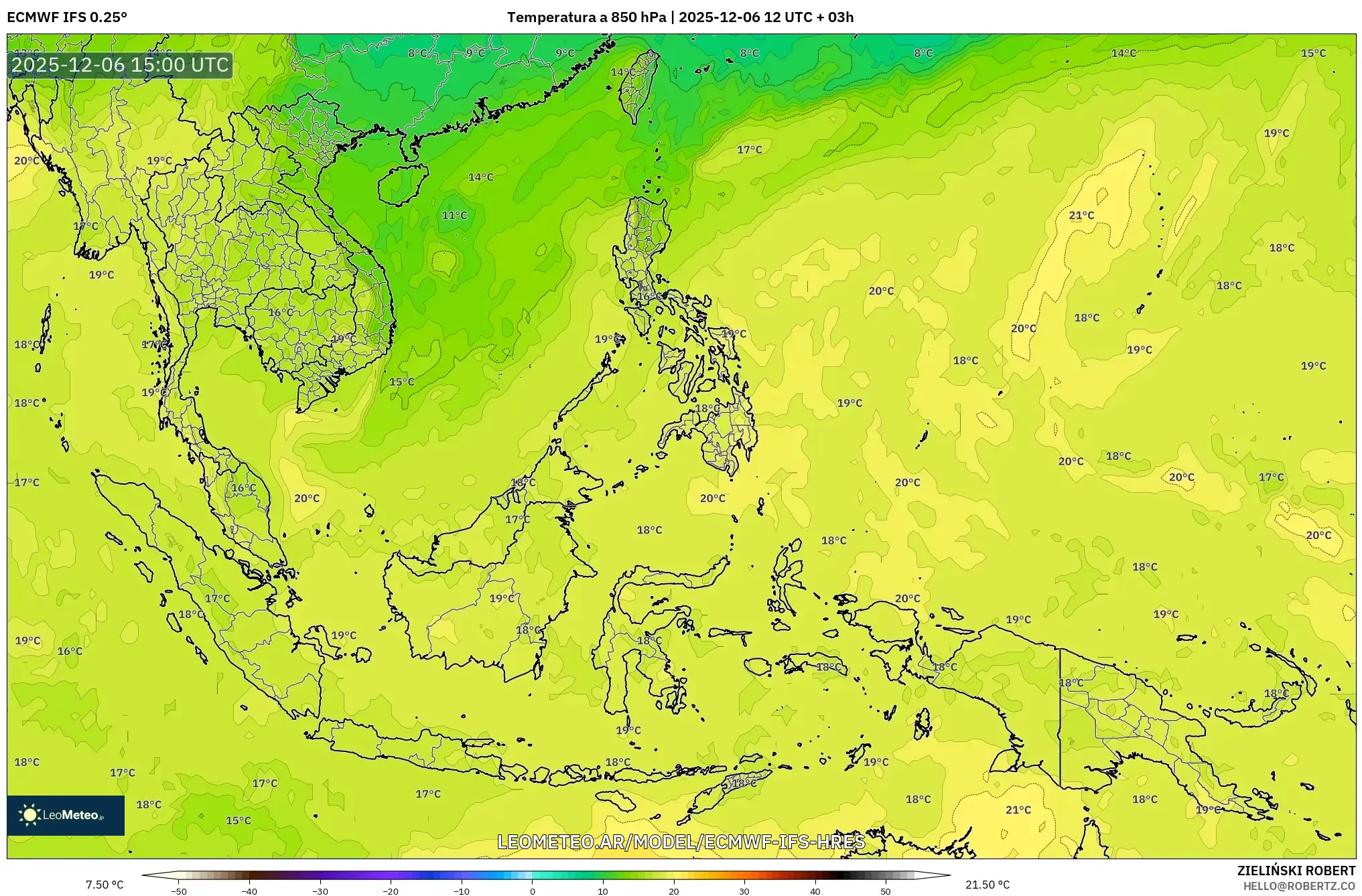 ECMWF IFS 0.25° model - Sudeste Asiático, Temperatura a 850 hPa