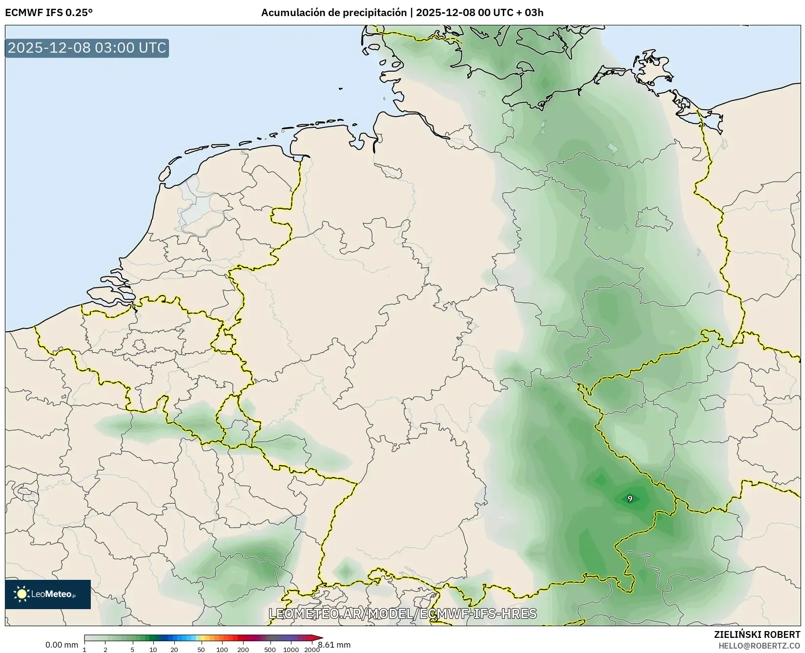 ECMWF IFS 0.25° model - Alemania, Acumulación de precipitación