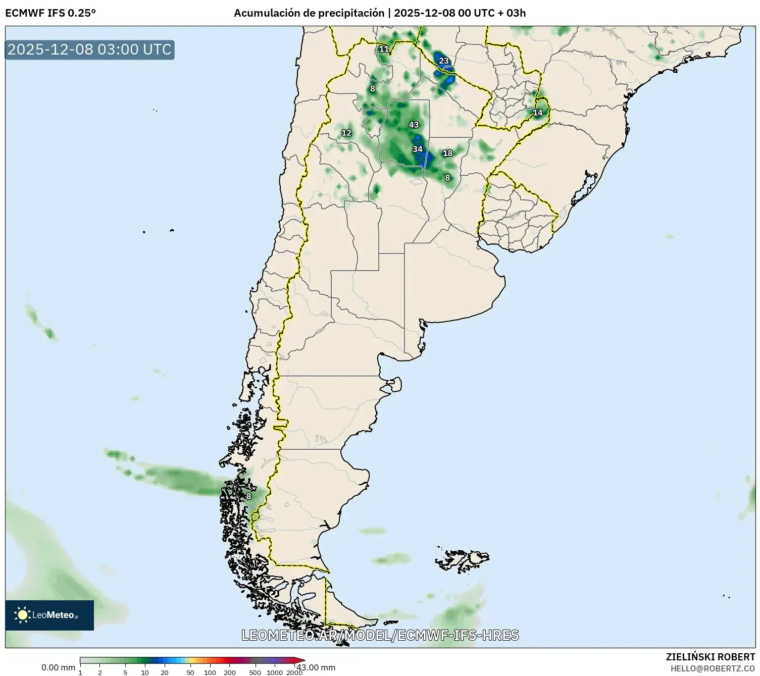 ECMWF IFS 0.25° model - Argentina, Acumulación de precipitación