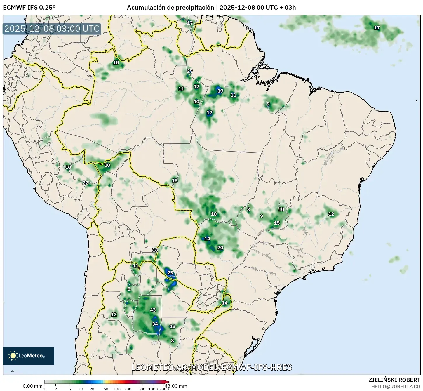 ECMWF IFS 0.25° model - Brasil, Acumulación de precipitación
