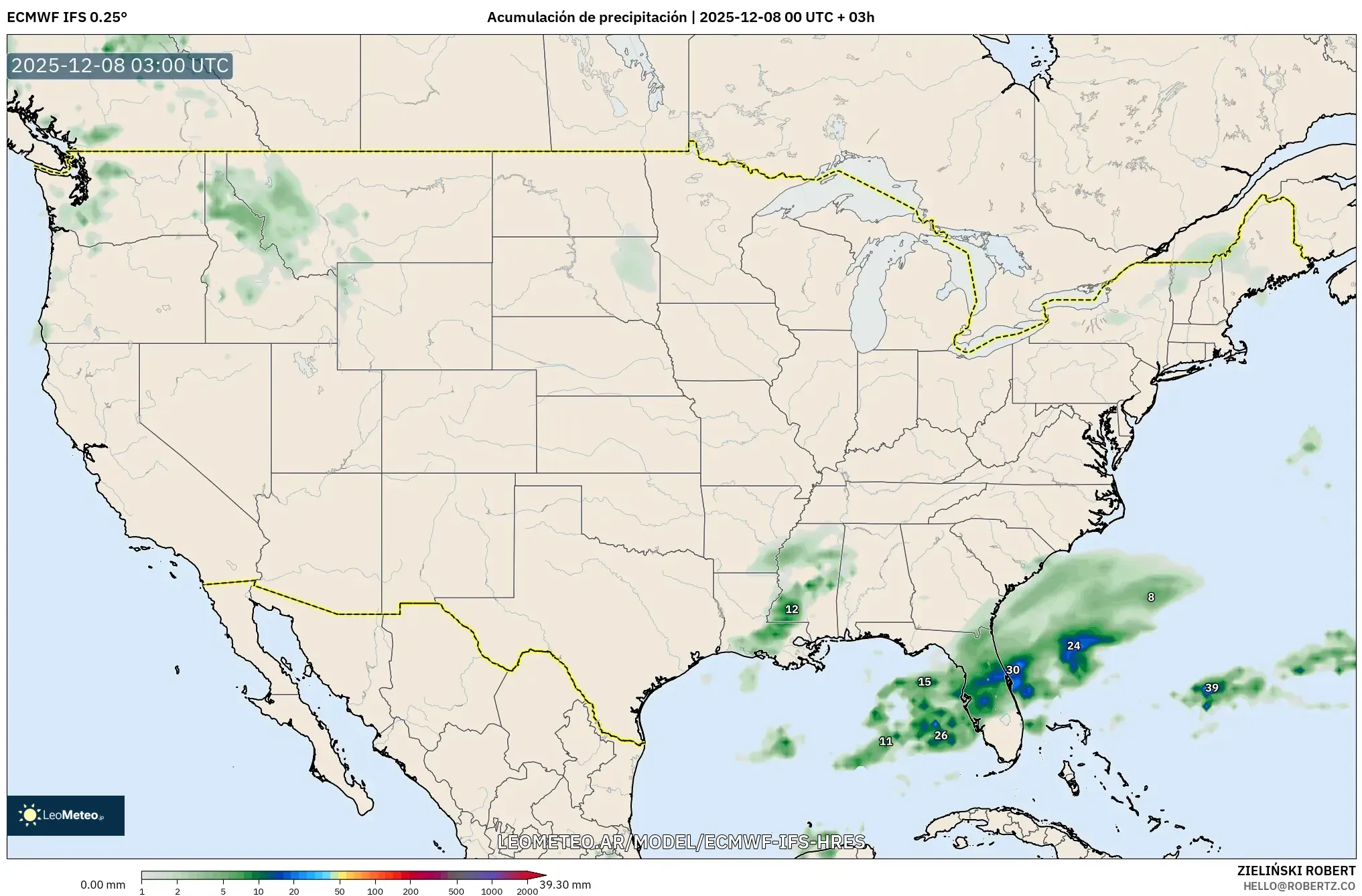 ECMWF IFS 0.25° model - Estados Unidos, Acumulación de precipitación