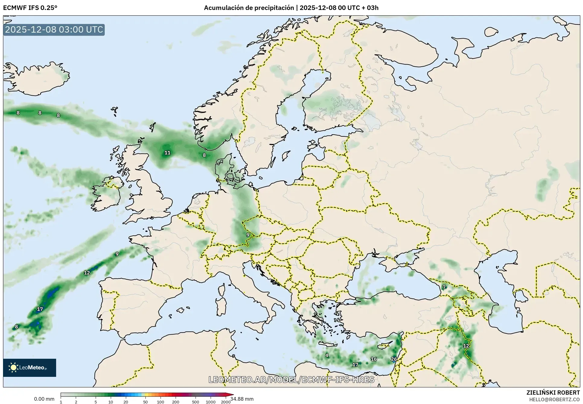 ECMWF IFS 0.25° model - Europa, Acumulación de precipitación