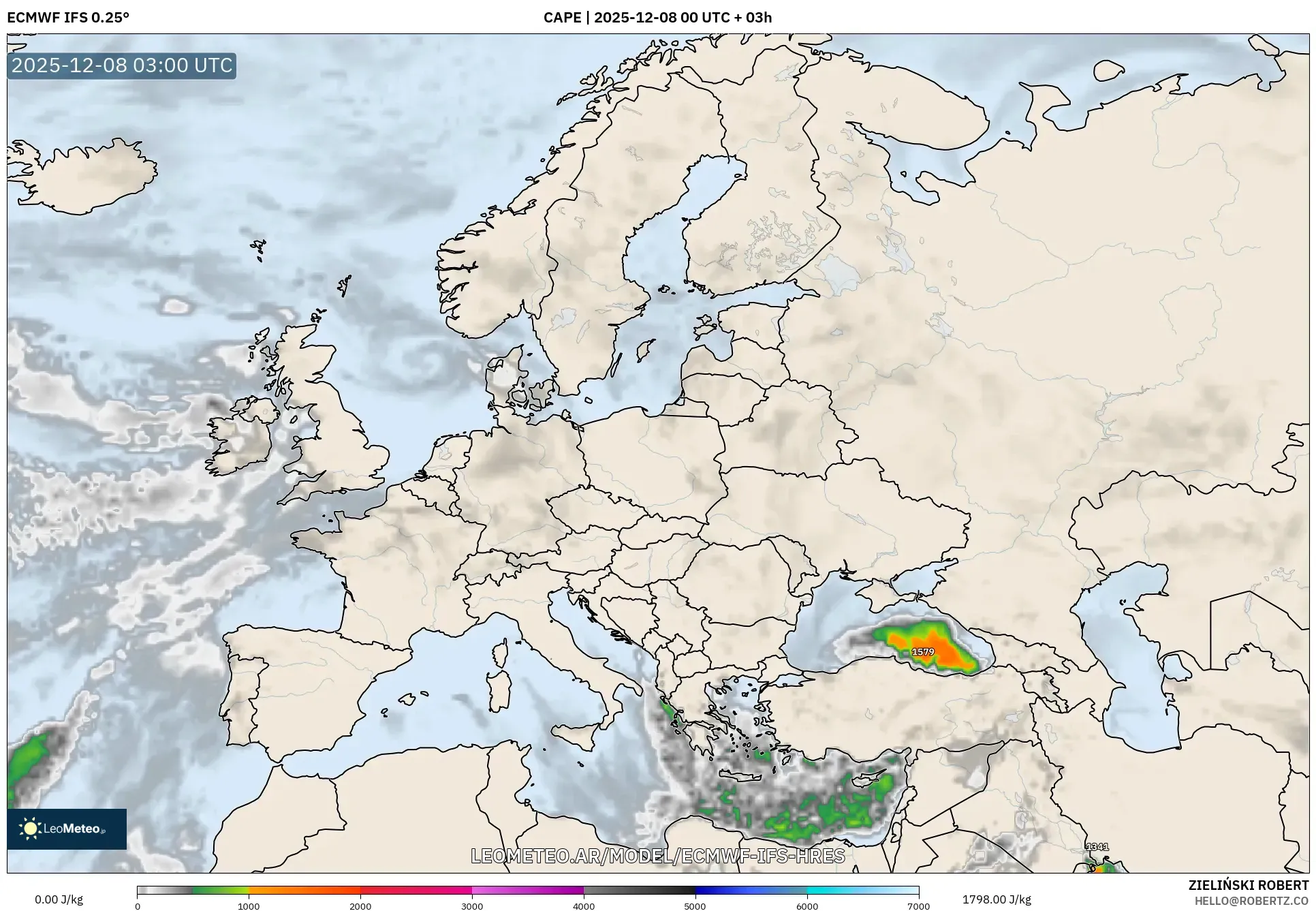 ECMWF IFS 0.25° model - Europa, CAPE