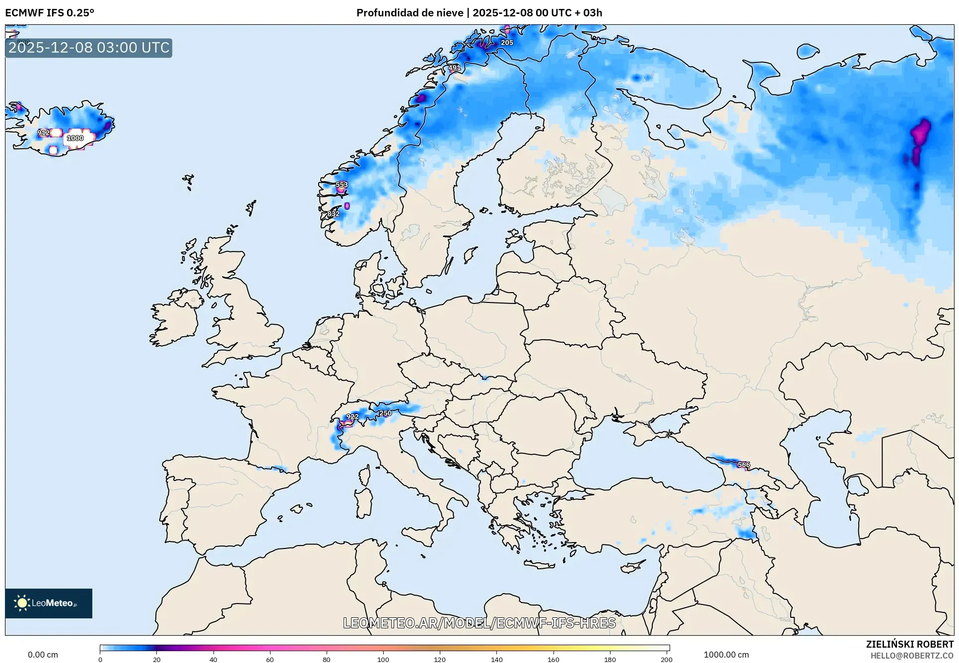 ECMWF IFS 0.25° model - Europa, Profundidad de nieve