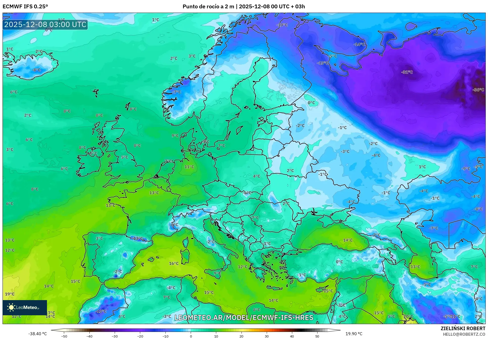 ECMWF IFS 0.25° model - Europa, Punto de rocío a 2 m