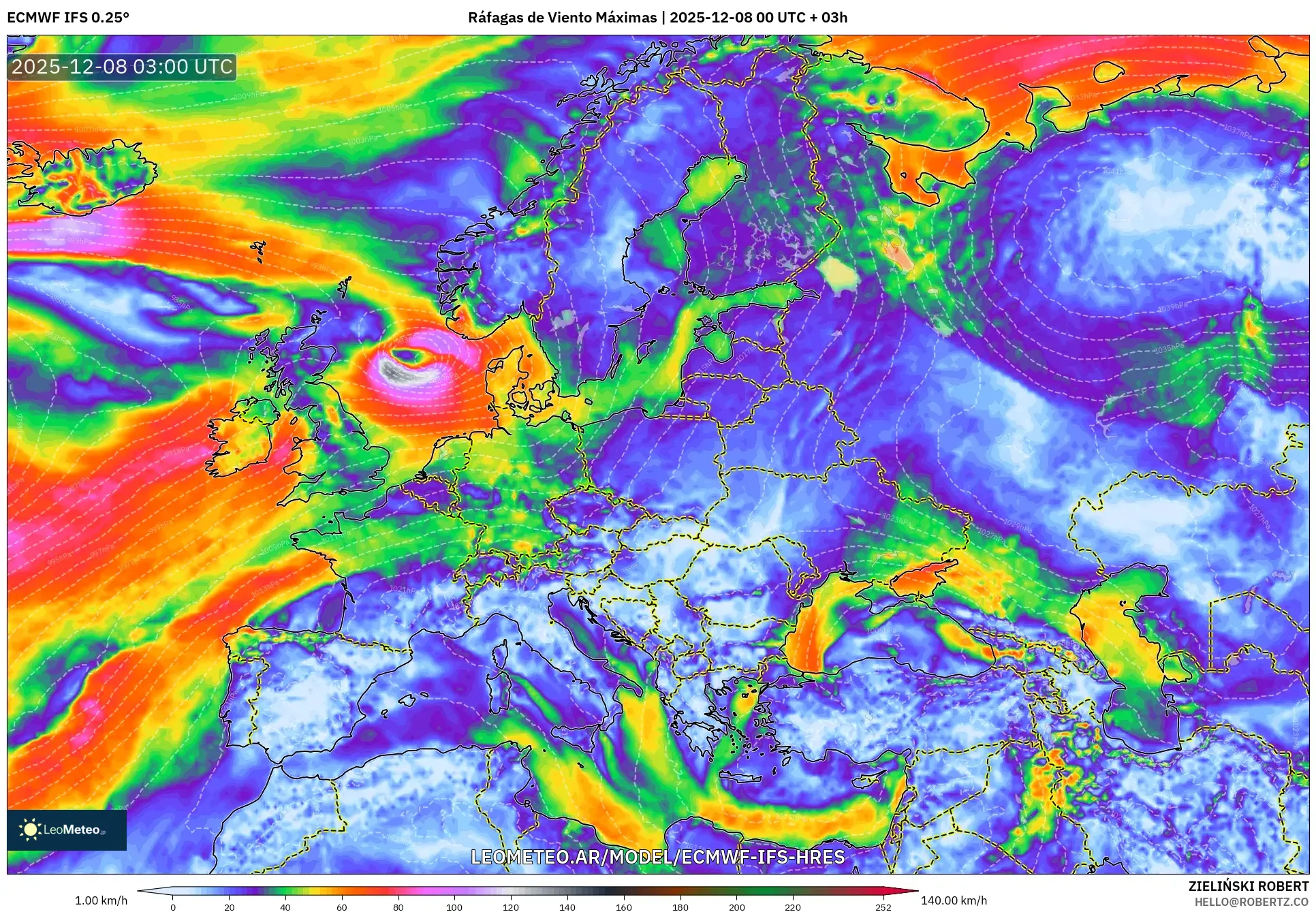 ECMWF IFS 0.25° model - Europa, Ráfagas de Viento Máximas