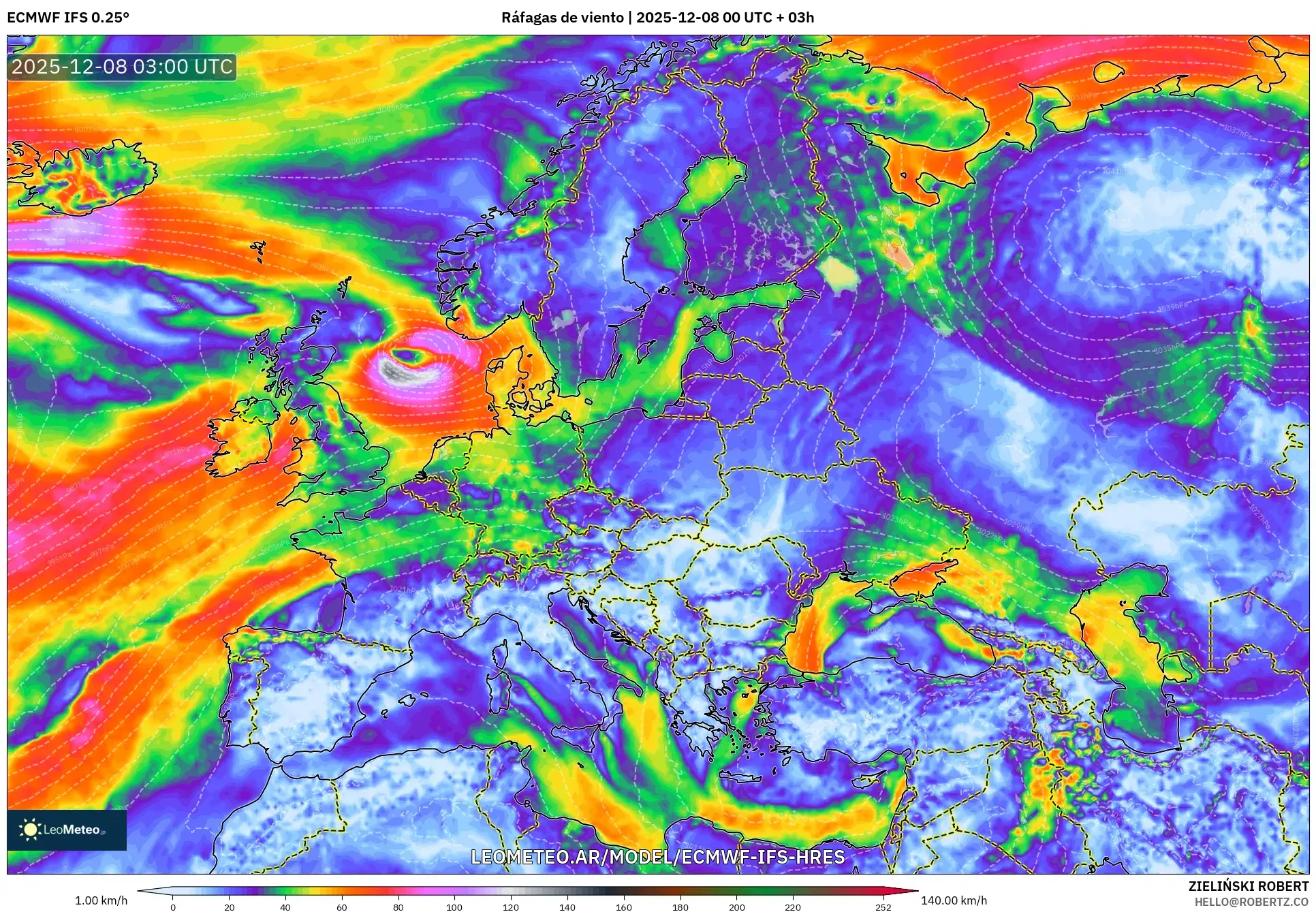 ECMWF IFS 0.25° model - Europa, Ráfagas de viento