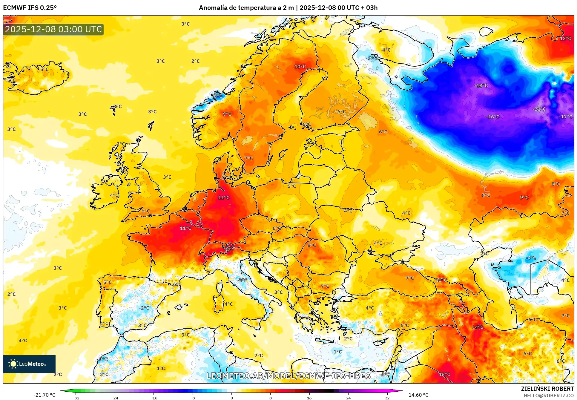 ECMWF IFS 0.25° model - Europa, Anomalía de temperatura a 2 m