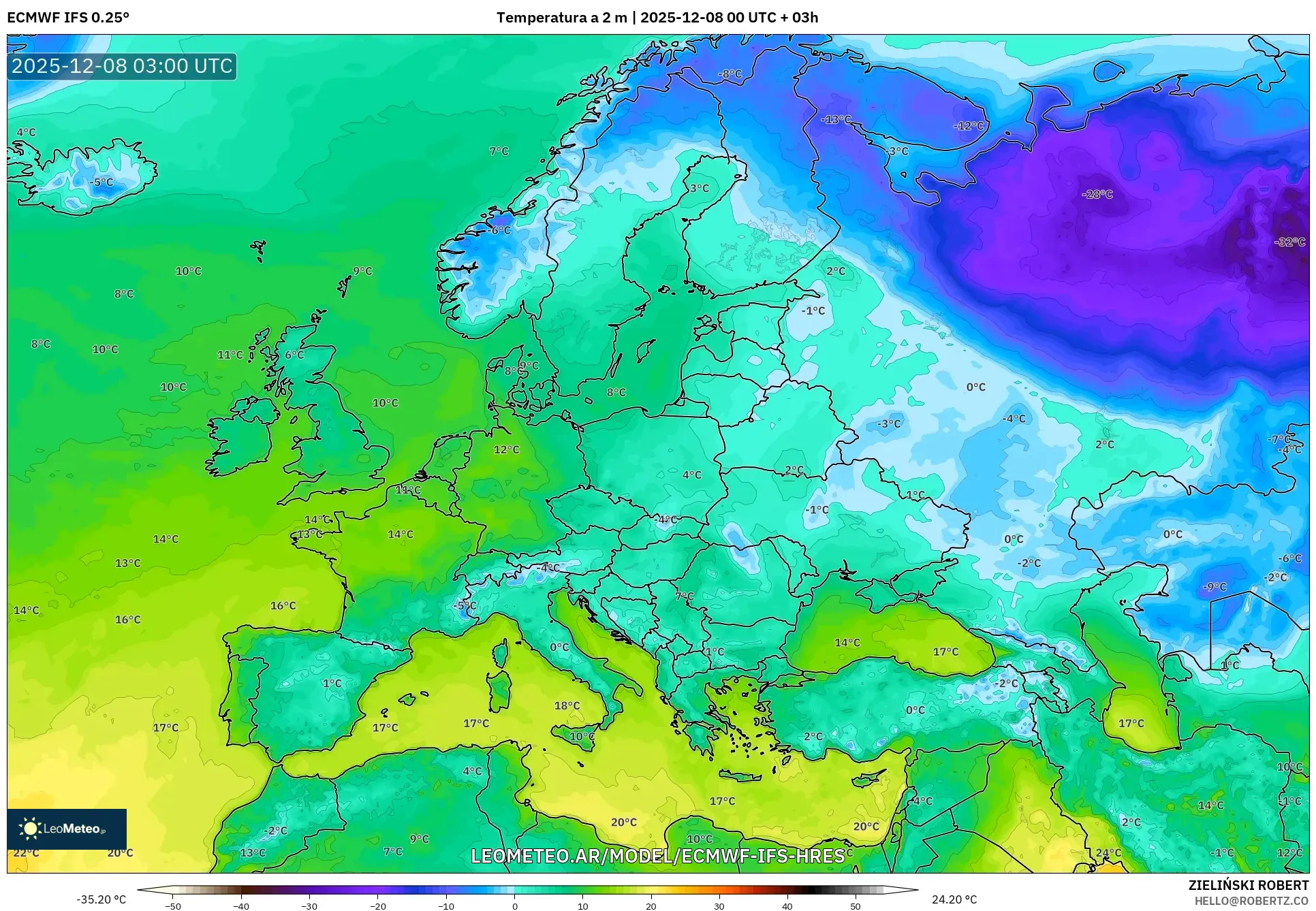 ECMWF IFS 0.25° model - Europa, Temperatura a 2 m