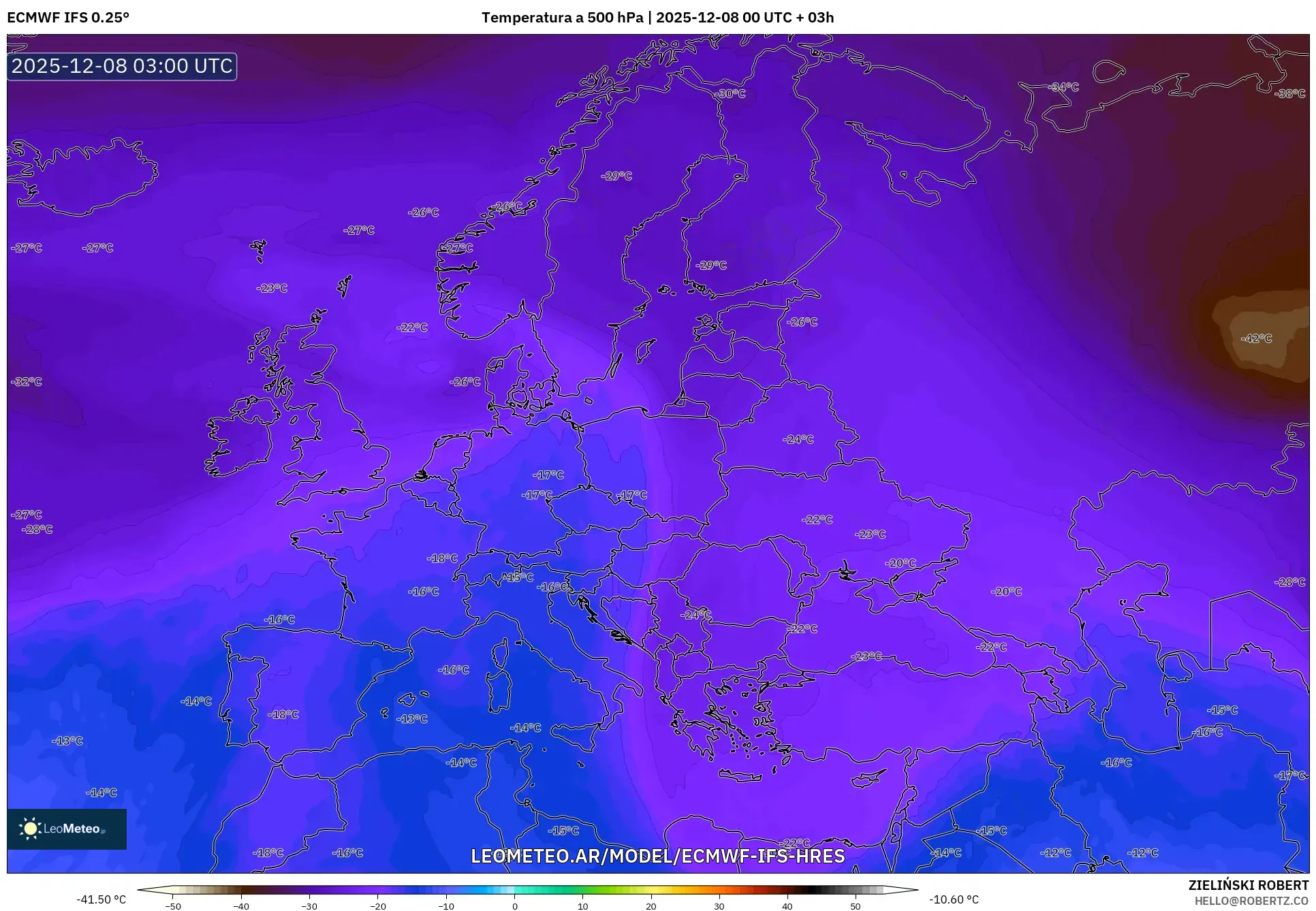 ECMWF IFS 0.25° model - Europa, Temperatura a 500 hPa
