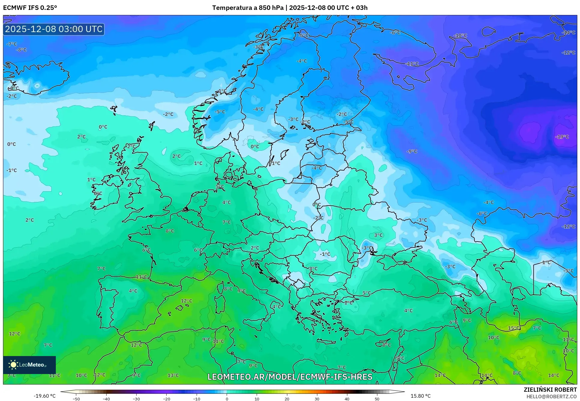 ECMWF IFS 0.25° model - Europa, Temperatura a 850 hPa