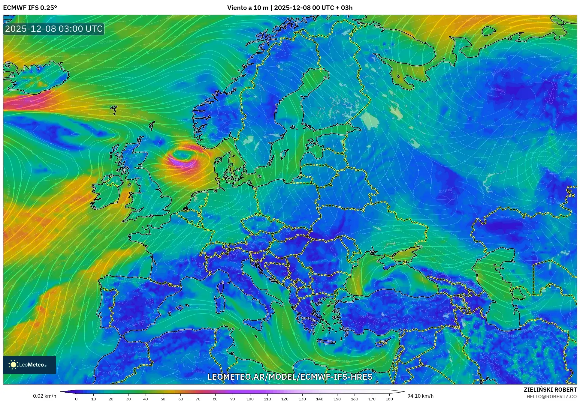 ECMWF IFS 0.25° model - Europa, Viento a 10 m