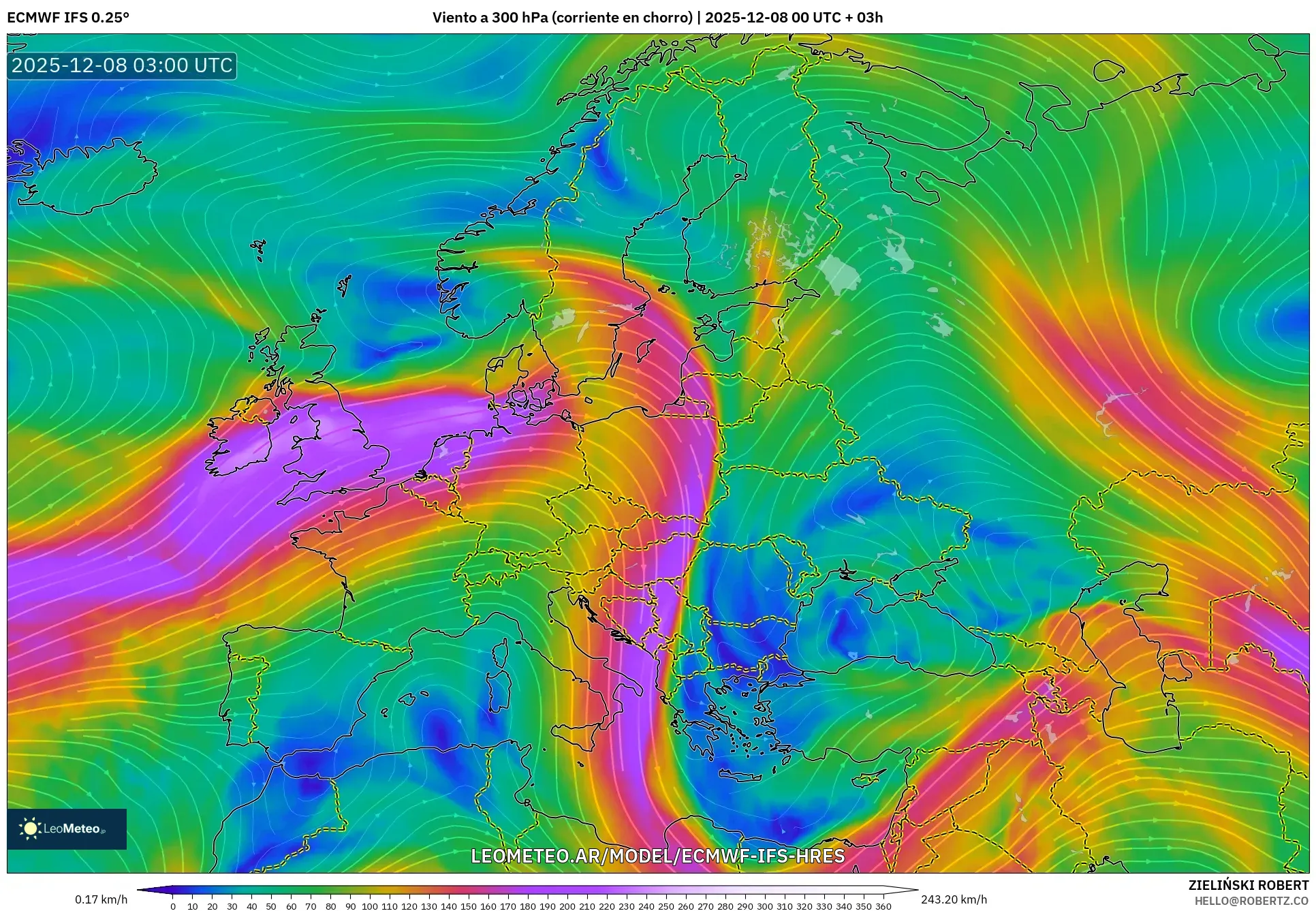 ECMWF IFS 0.25° model - Europa, Viento a 300 hPa (corriente en chorro)