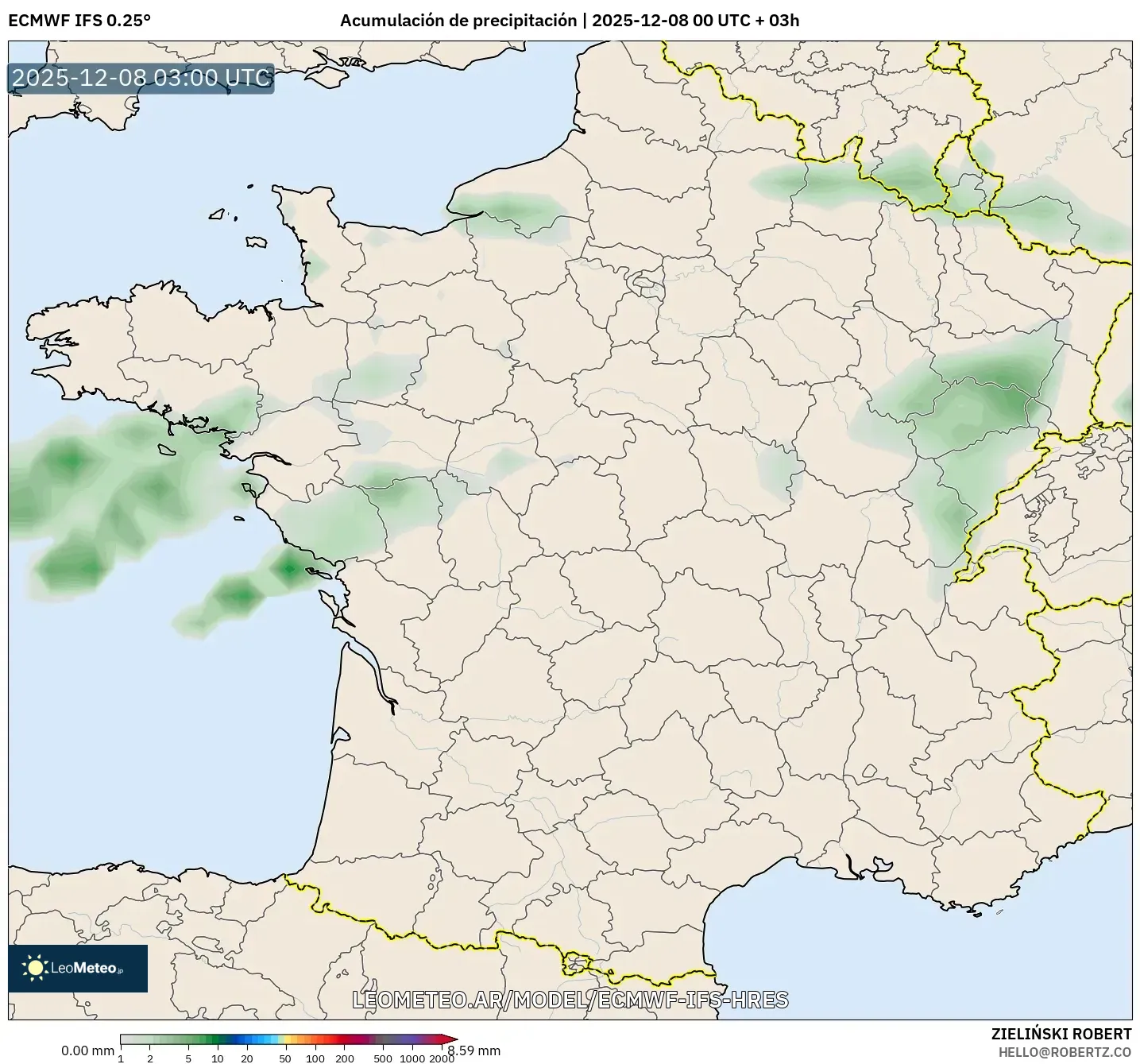 ECMWF IFS 0.25° model - Francia, Acumulación de precipitación