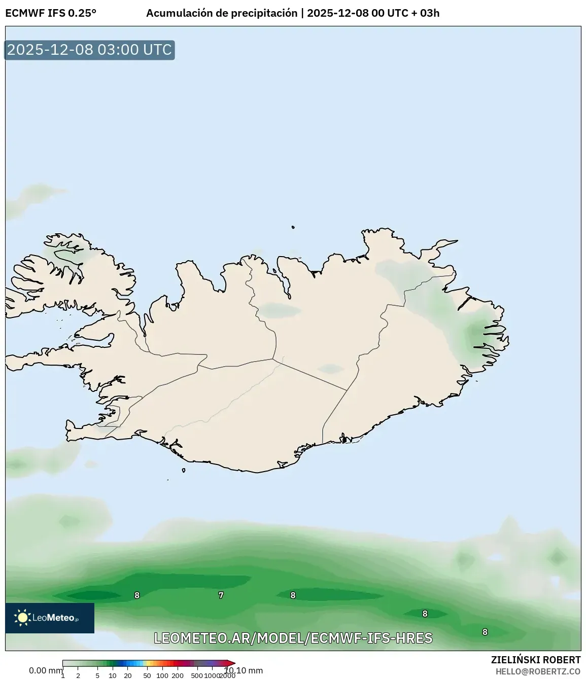 ECMWF IFS 0.25° model - Islandia, Acumulación de precipitación