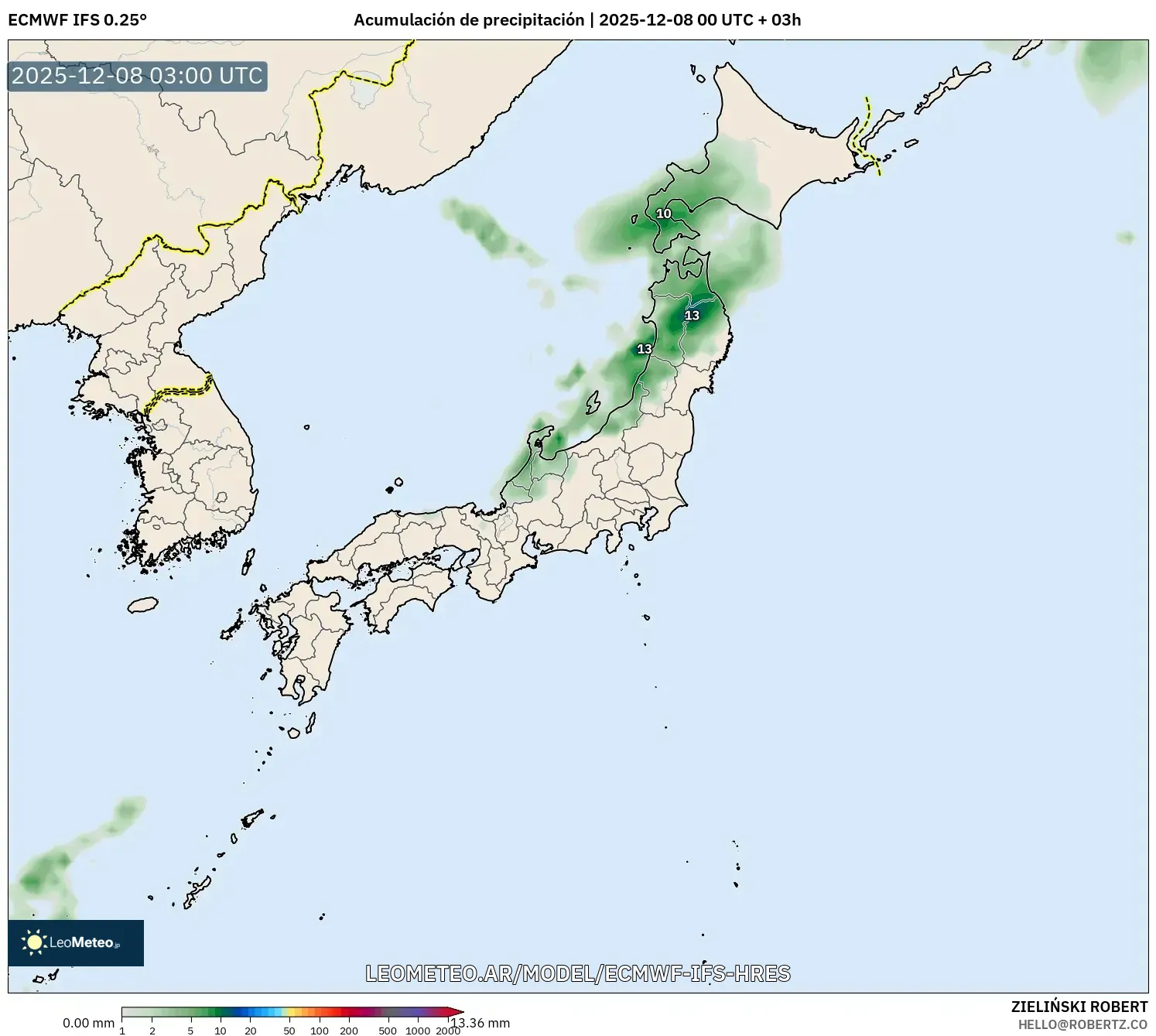 ECMWF IFS 0.25° model - Japón, Acumulación de precipitación