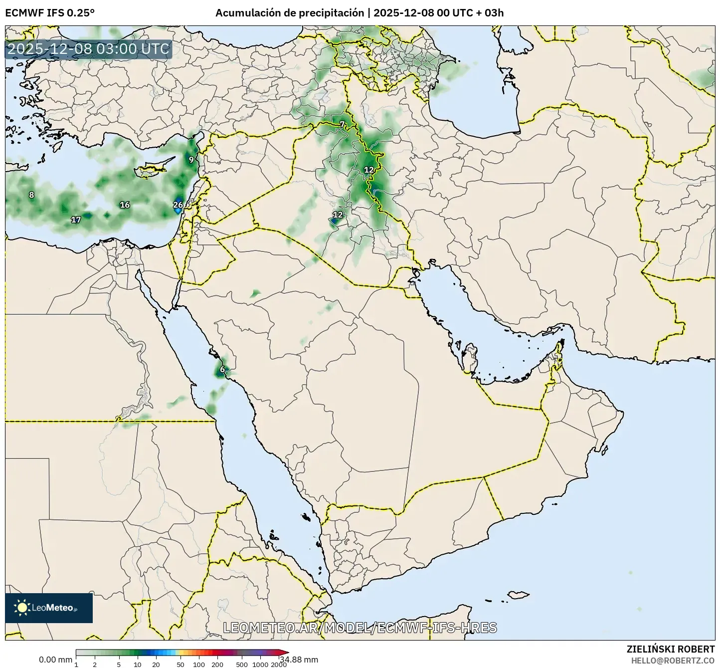 ECMWF IFS 0.25° model - Oriente Medio, Acumulación de precipitación