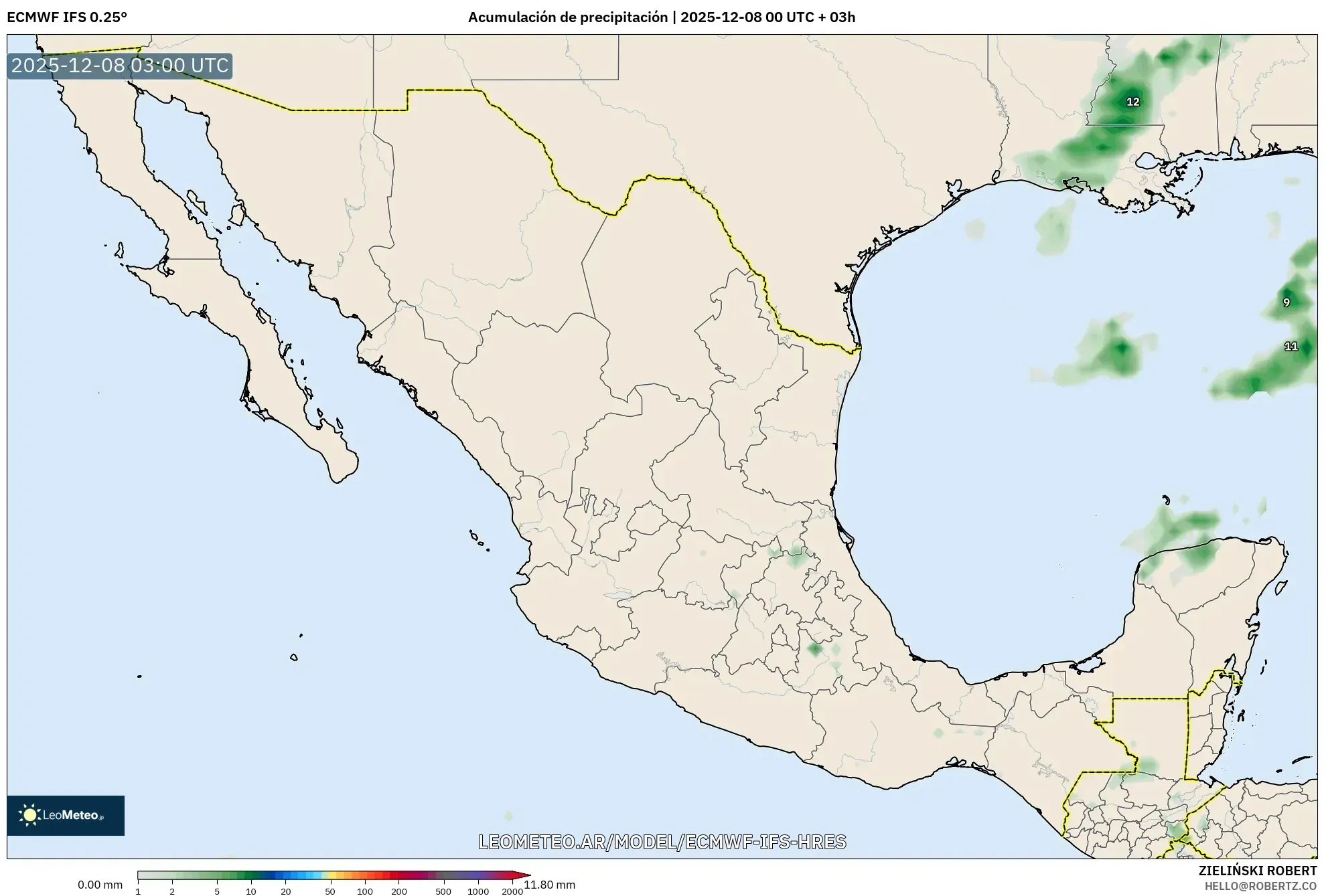 ECMWF IFS 0.25° model - México, Acumulación de precipitación